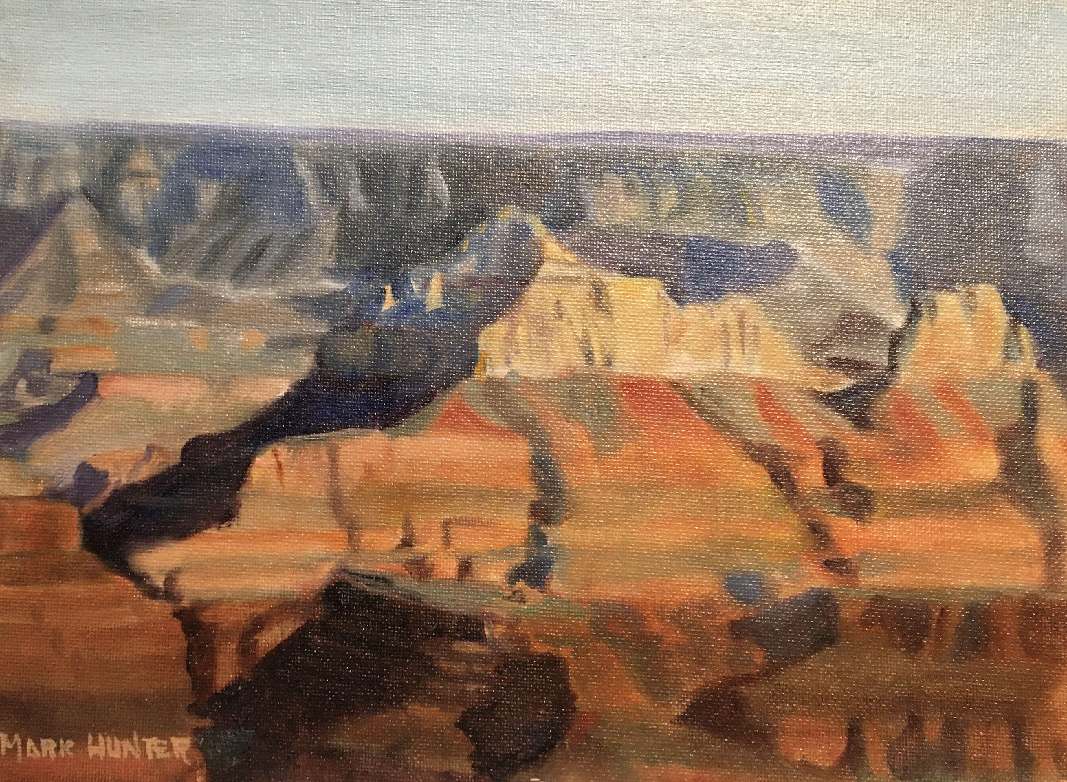Inspired by a visit to the North Rim of the Grand Canyon. Framed and ready to hang. 3" Plein Air espresso frame is black with brown undertones and a gold accent. Free shipping in Continental United States. :: Painting :: Realism :: This piece comes