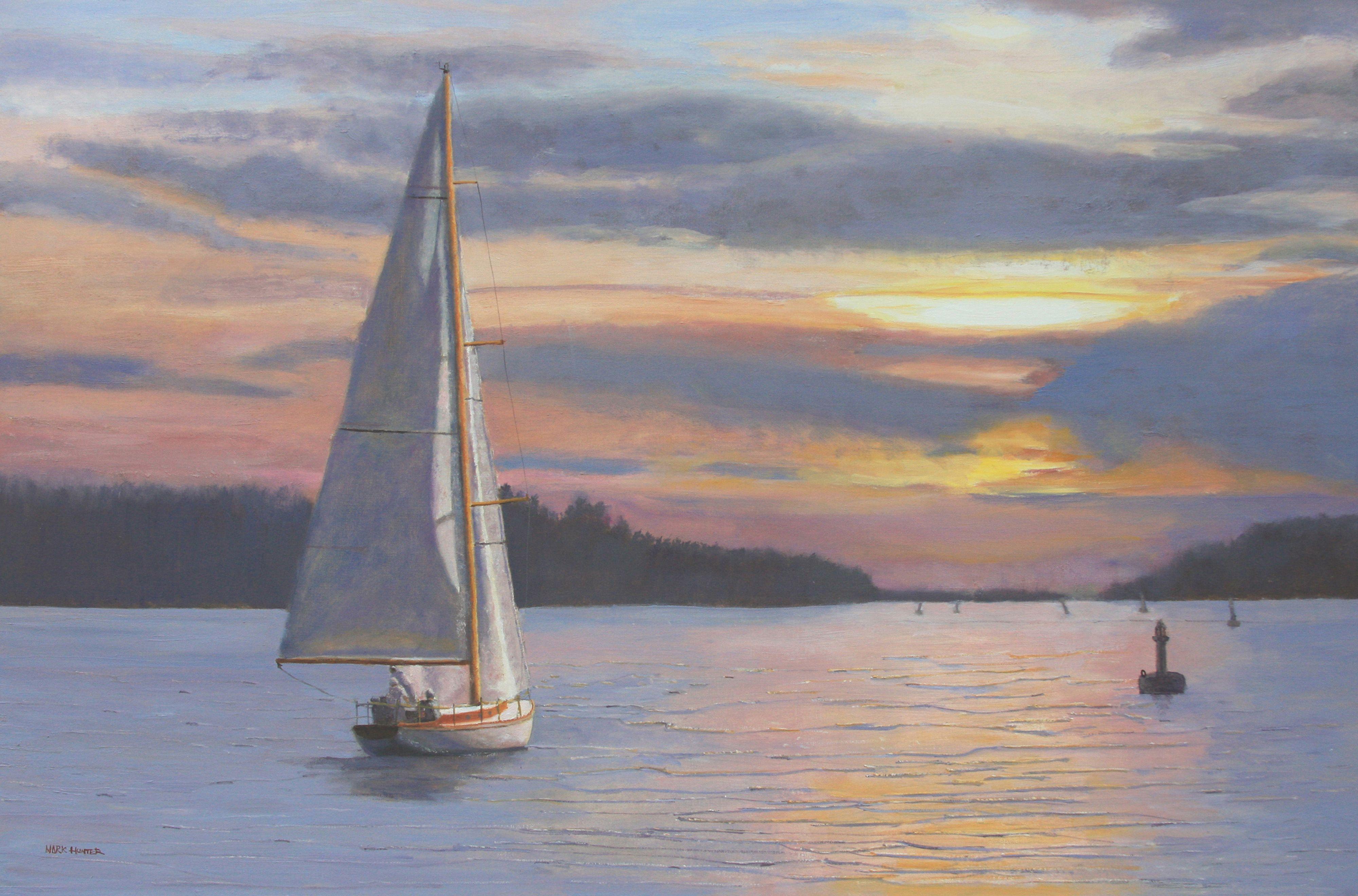 A sailboat and its tired but happy crew sail into a setting sun toward their home port, just in time for supper. :: Painting :: Realism :: This piece comes with an official certificate of authenticity signed by the artist :: Ready to Hang: No ::