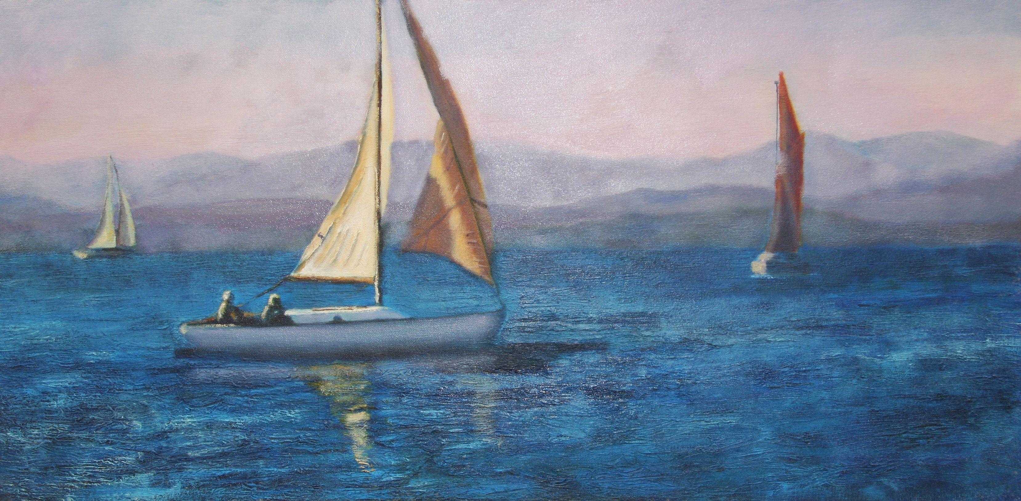 Sailing in the final hours of daylight on the Hudson River. :: Painting :: Impressionist :: This piece comes with an official certificate of authenticity signed by the artist :: Ready to Hang: No :: Signed: Yes :: Signature Location: Lower right ::