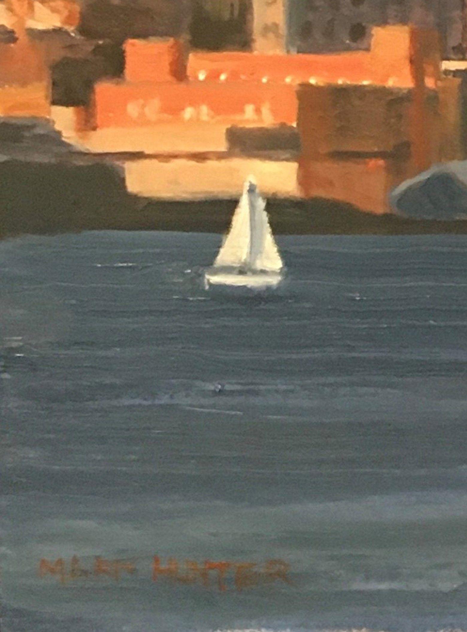 Una vista della Sky Line di Manhattan dalla parte di Jersey City del fiume Hudson al tramonto :: Pittura :: Realismo :: Questo pezzo viene fornito con un certificato ufficiale di autenticità firmato dall'artista :: Pronto da appendere: No ::