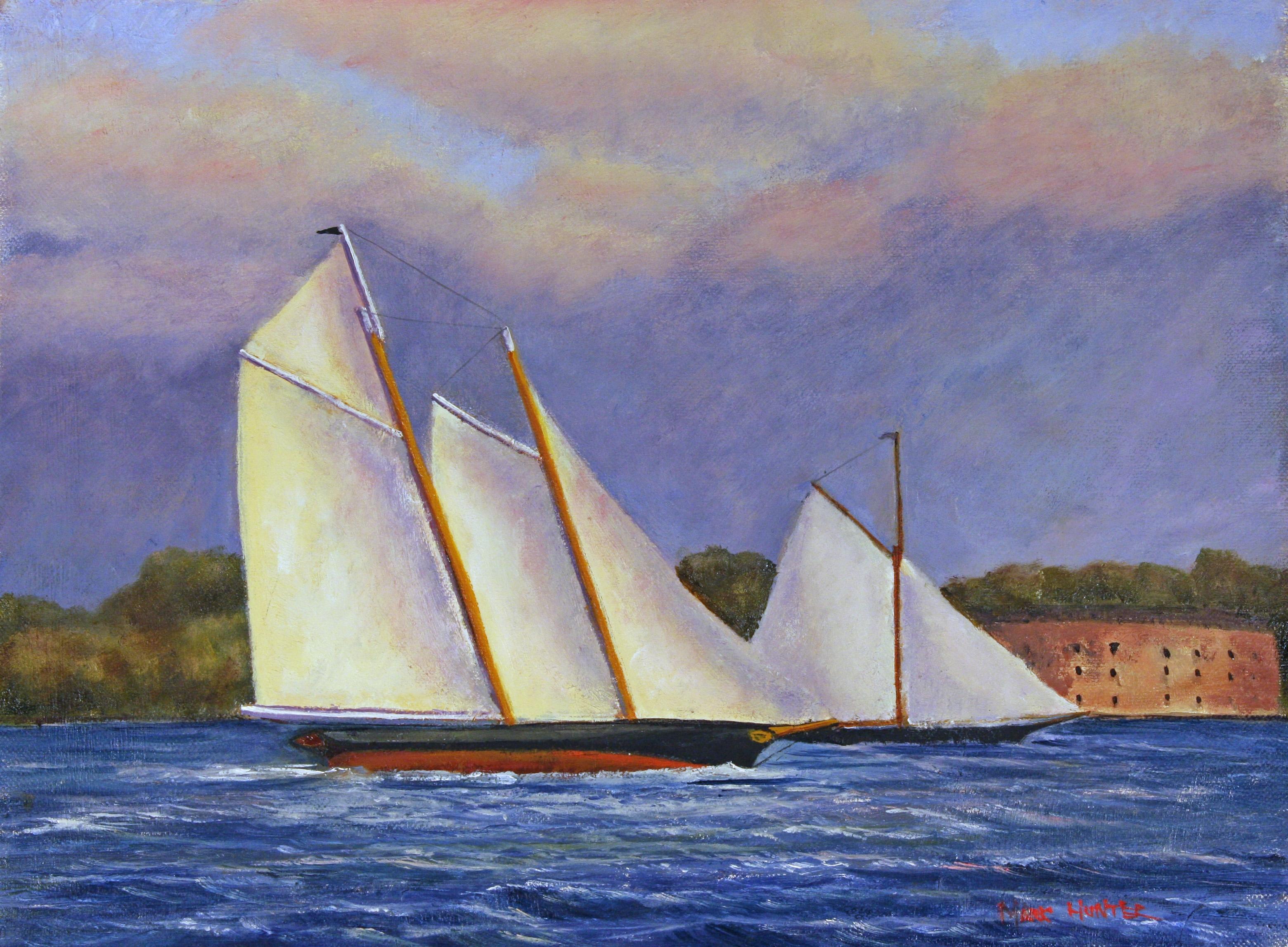 Mark Hunter Abstract Painting - Match Race, Schooner Yacht America & Marie, 1851, Painting, Oil on Canvas