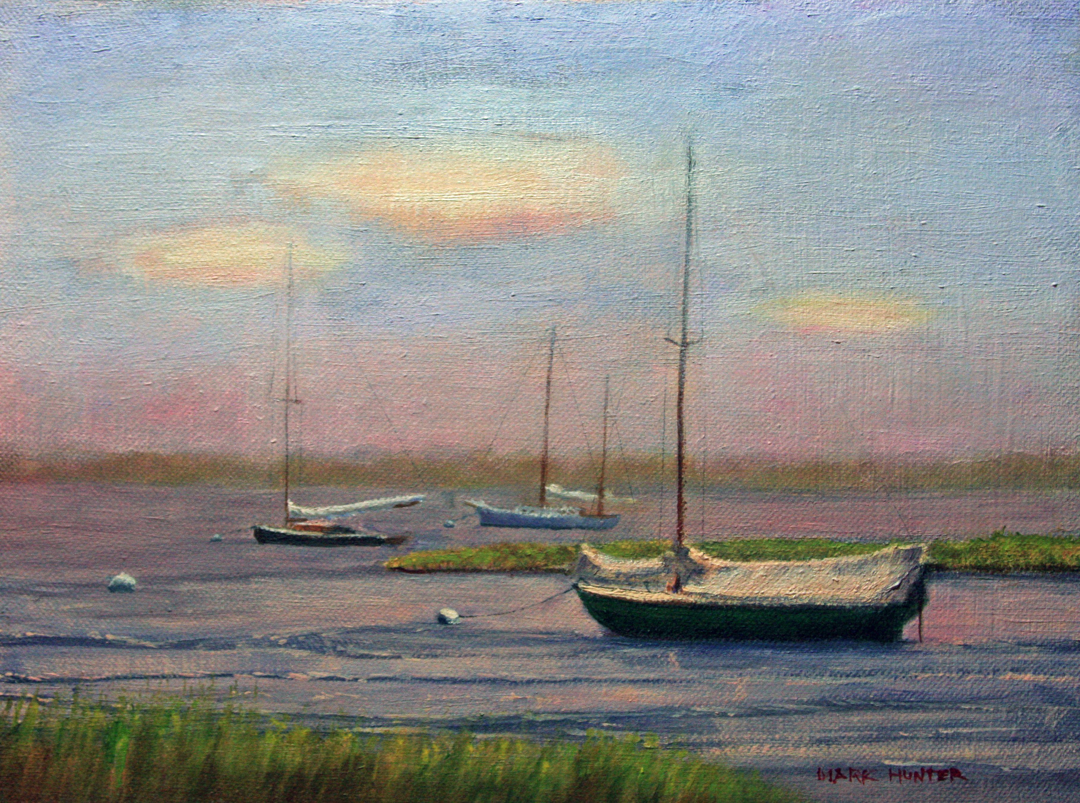 Sailboats at anchor on a Barnegat Bay morning. :: Painting :: Realism :: This piece comes with an official certificate of authenticity signed by the artist :: Ready to Hang: No :: Signed: Yes :: Signature Location: Lower right :: Canvas :: Landscape