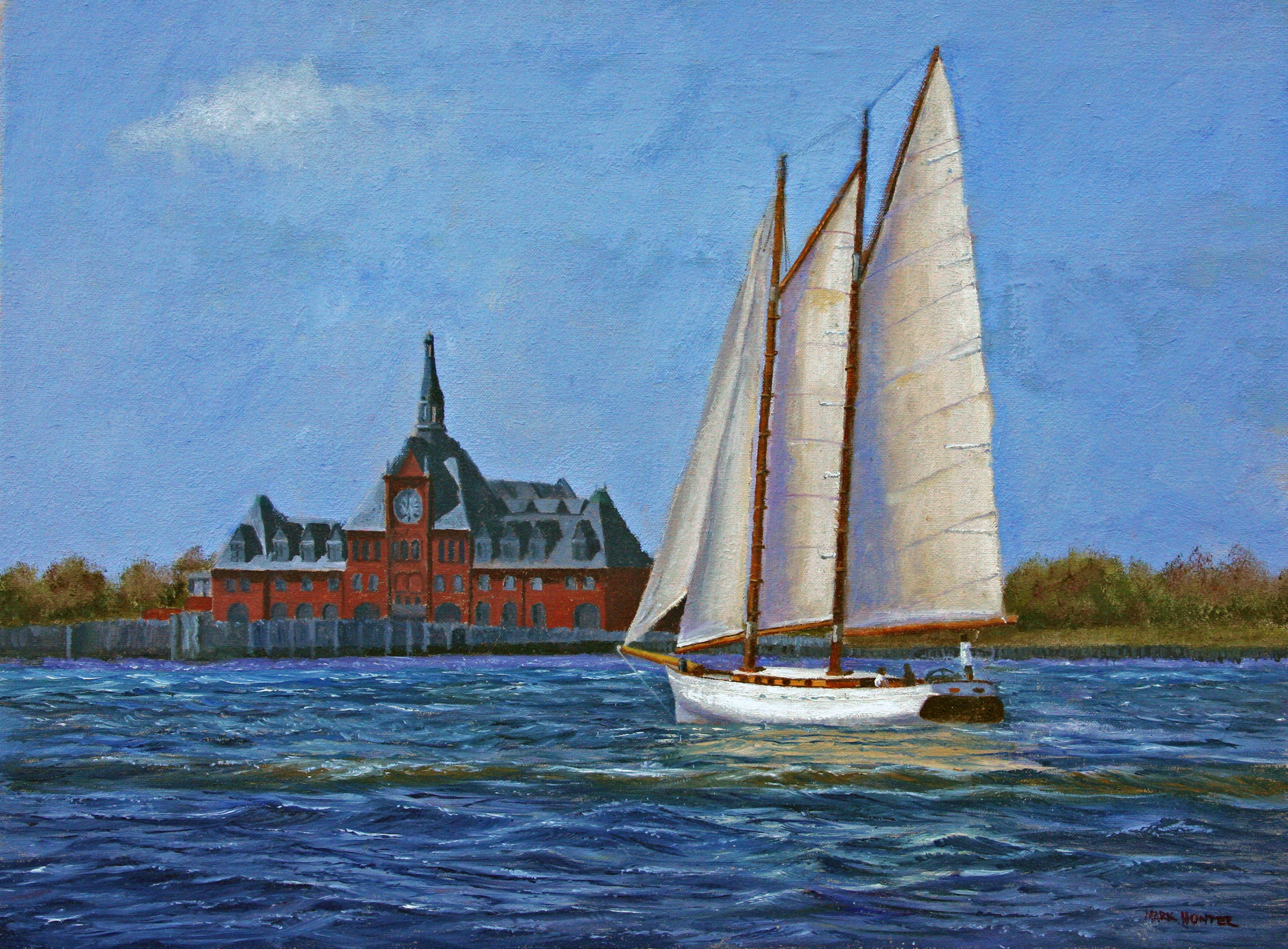 A Pilot Schooner heads out on the morning tide in  New York Harbor. :: Painting :: Realism :: This piece comes with an official certificate of authenticity signed by the artist :: Ready to Hang: No :: Signed: Yes :: Signature Location: lower left ::