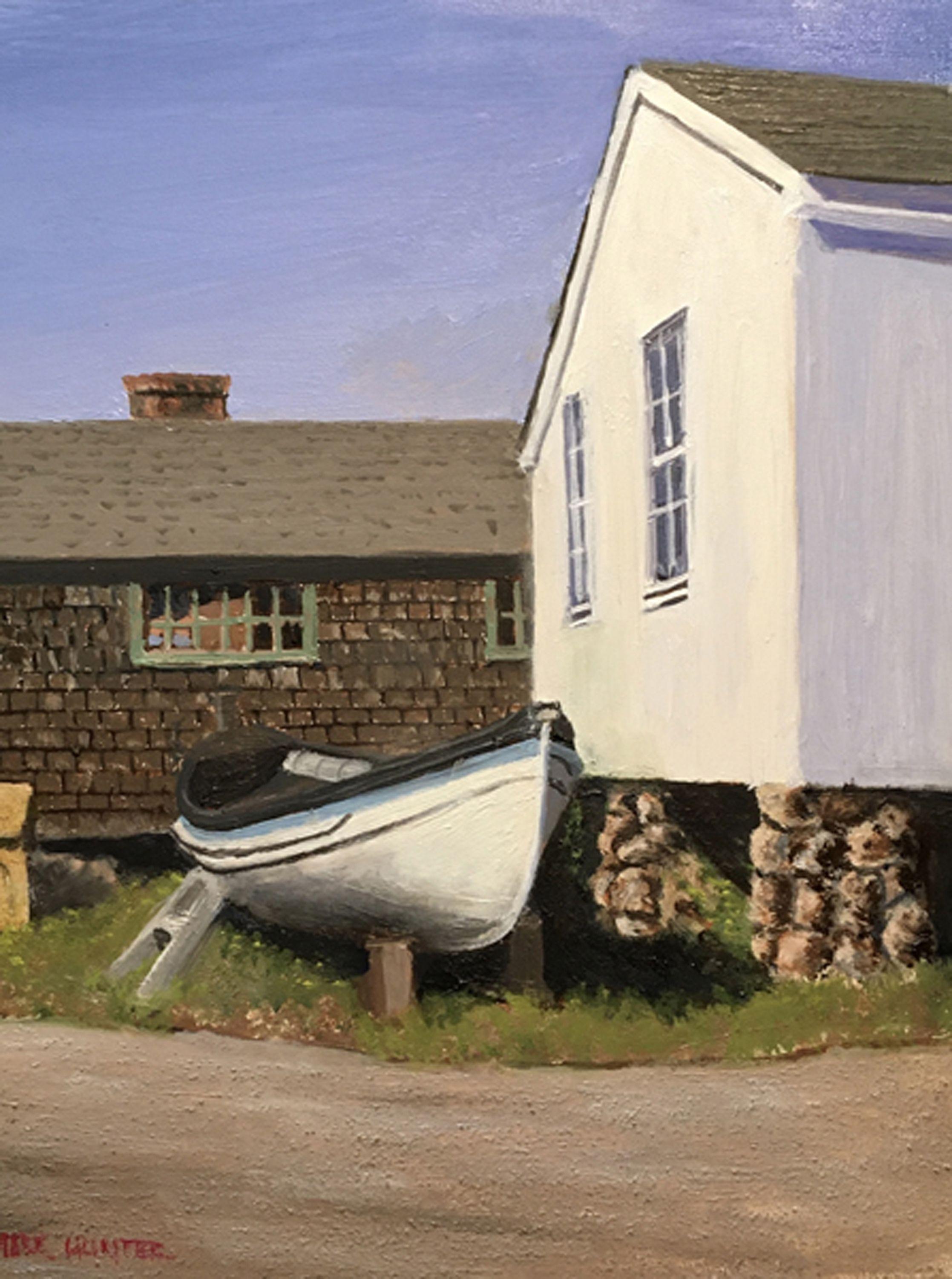  A whaling boat stored in the Mystic Seaport Museum shipyard. :: Painting :: Realism :: This piece comes with an official certificate of authenticity signed by the artist :: Ready to Hang: Yes :: Signed: Yes :: Signature Location: Lower Left :: MDF