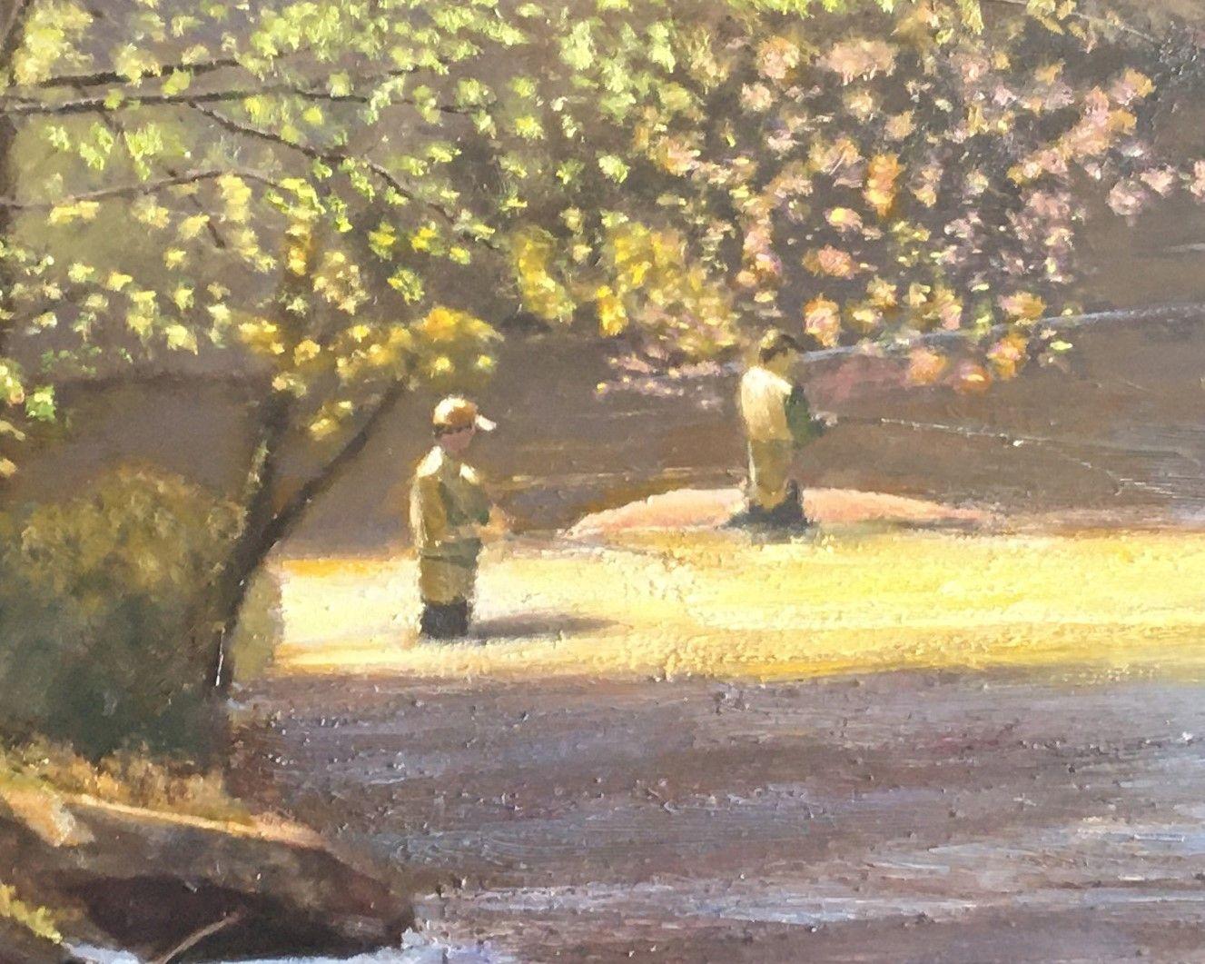 Due pescatori a mosca sono illuminati dalla luce del sole primaverile che filtra da una fessura tra gli alberi nel giorno dell'apertura. :: Pittura :: Realismo :: Questo pezzo viene fornito con un certificato ufficiale di autenticità firmato