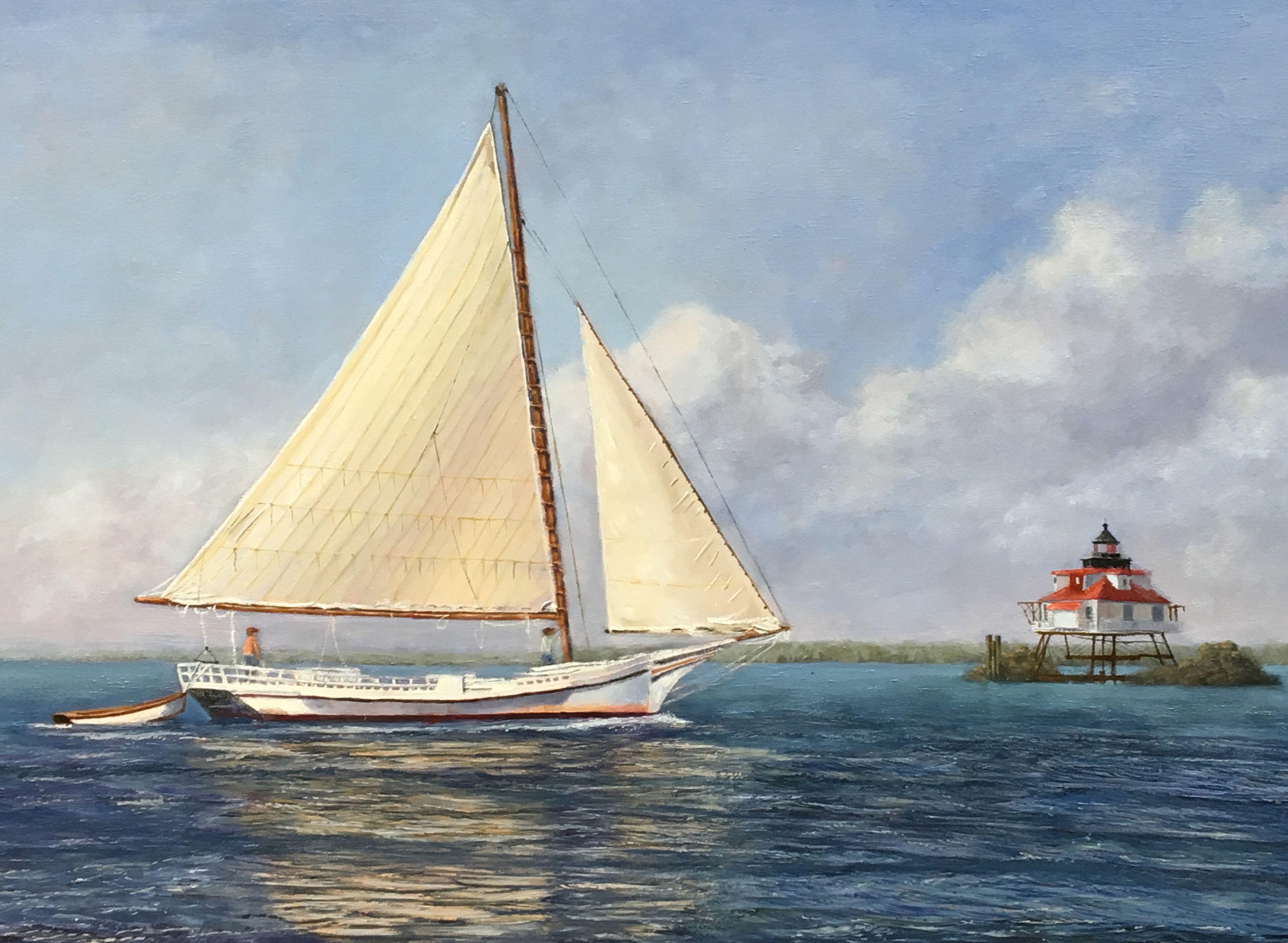 AWARD WINNER    Winner of The Karan Family Seascape Award at the Allied Artists of America 108th Juried Exhibition at the Salmungundi Club in NYC, this painting depicts a Skipjack, or Chesapeake Bay oyster boat sailing past a lighthouse only seen on