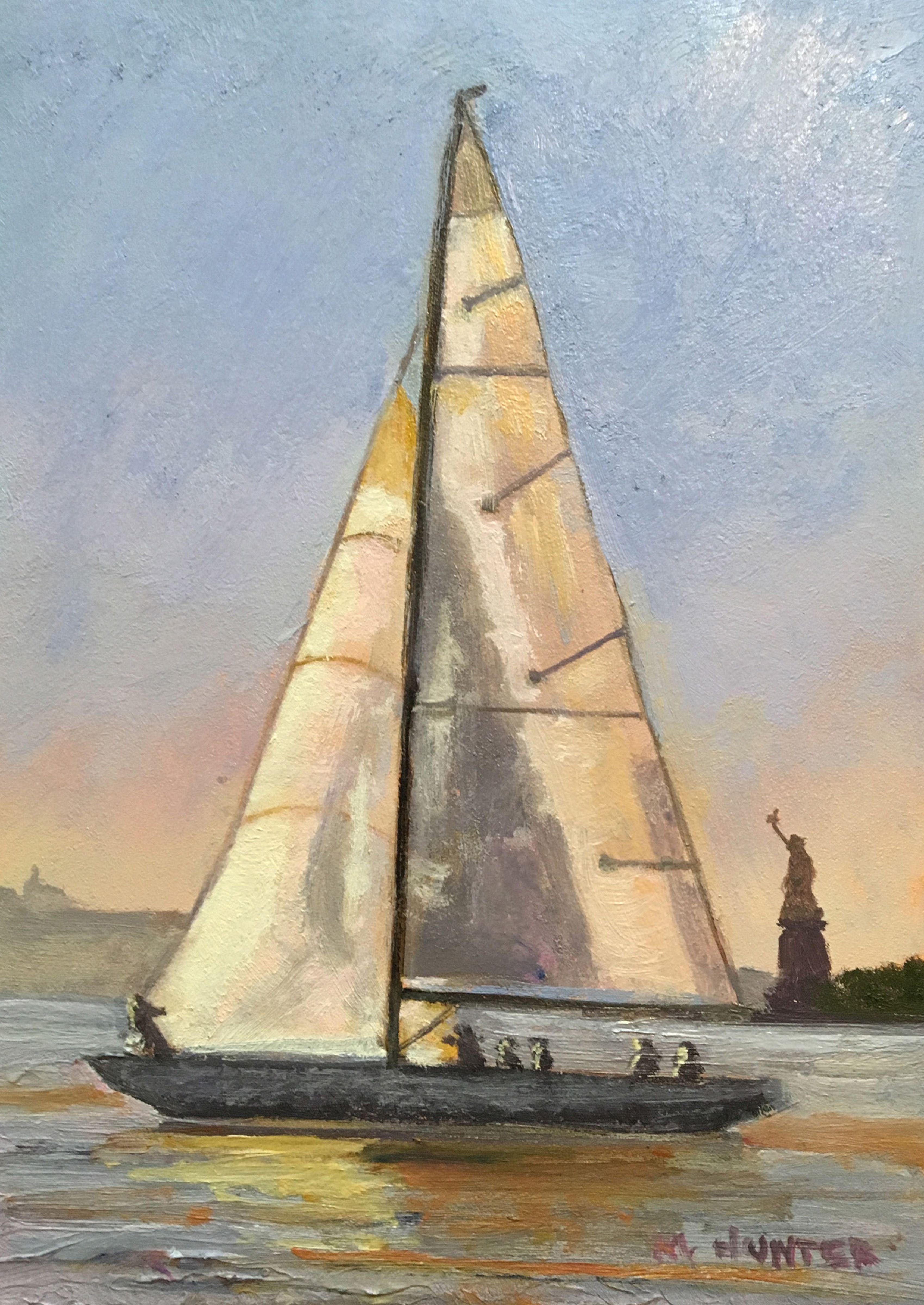 The late afternoon sun lights up the sails of an America's Cup Twelve Meter as it glides past the Statue of Liberty in New York Harbor. :: Painting :: Realism :: This piece comes with an official certificate of authenticity signed by the artist ::