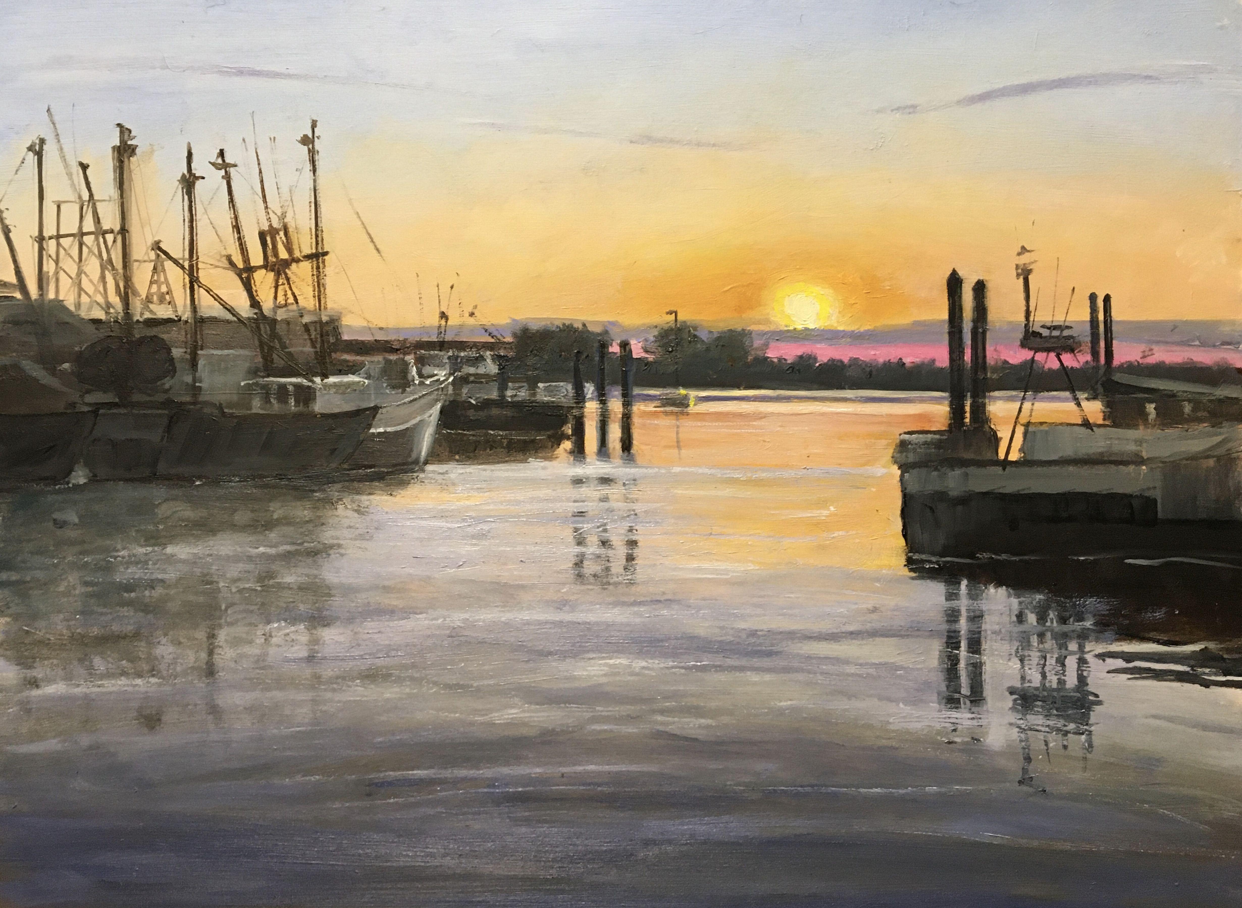 Sunset paints its colors on the bay. :: Painting :: Realism :: This piece comes with an official certificate of authenticity signed by the artist :: Ready to Hang: No :: Signed: Yes :: Signature Location: Lower Right :: MDF Panel :: Landscape ::