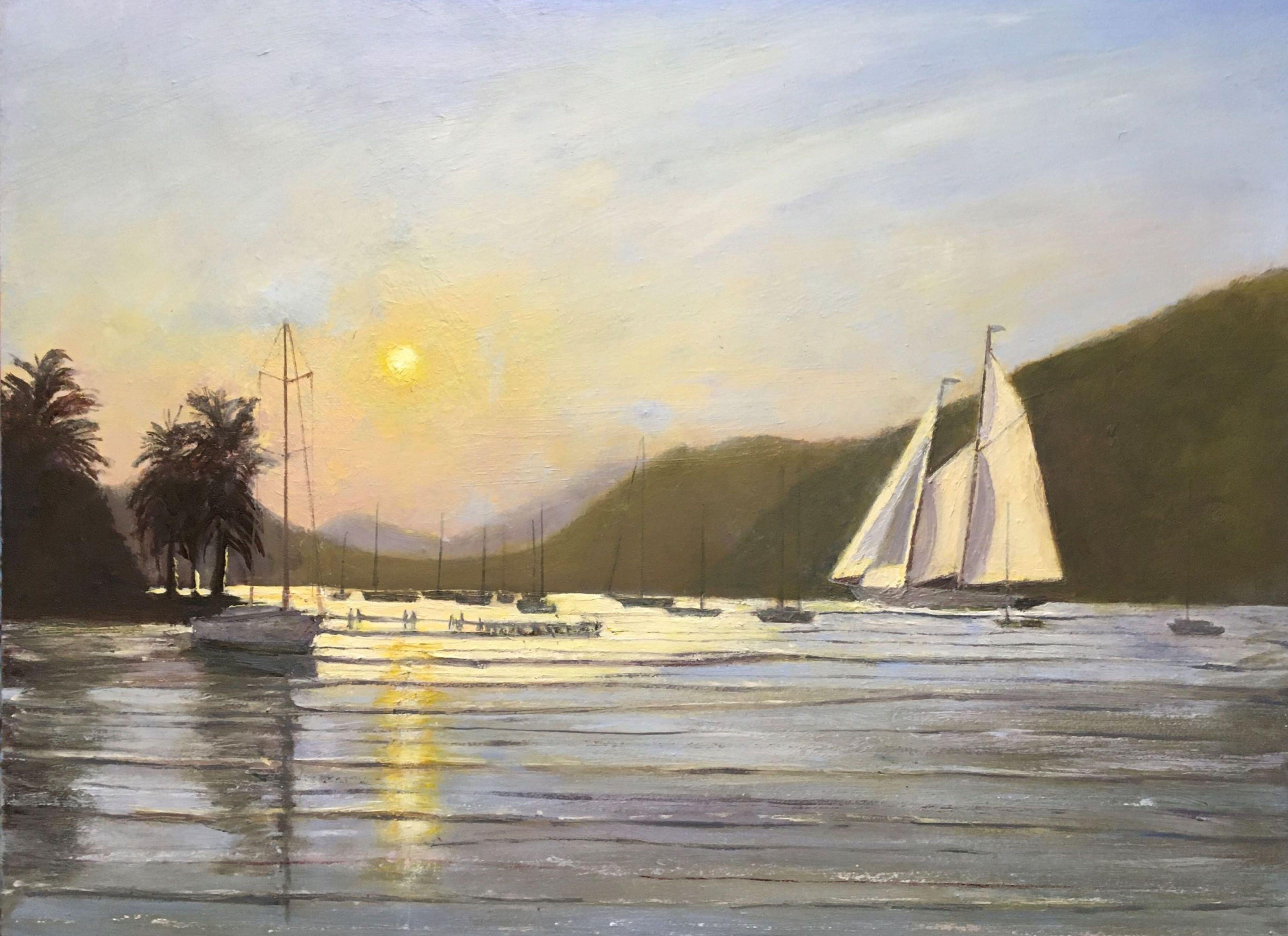 A schooner sailing out of Falmouth Harbour, Antiqua at sunset. :: Painting :: Realism :: This piece comes with an official certificate of authenticity signed by the artist :: Ready to Hang: No :: Signed: Yes :: Signature Location: Lower Left :: MDF