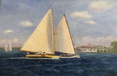 Tacking Duel, Barnegat Bay A-Cats, Painting, Oil on Canvas