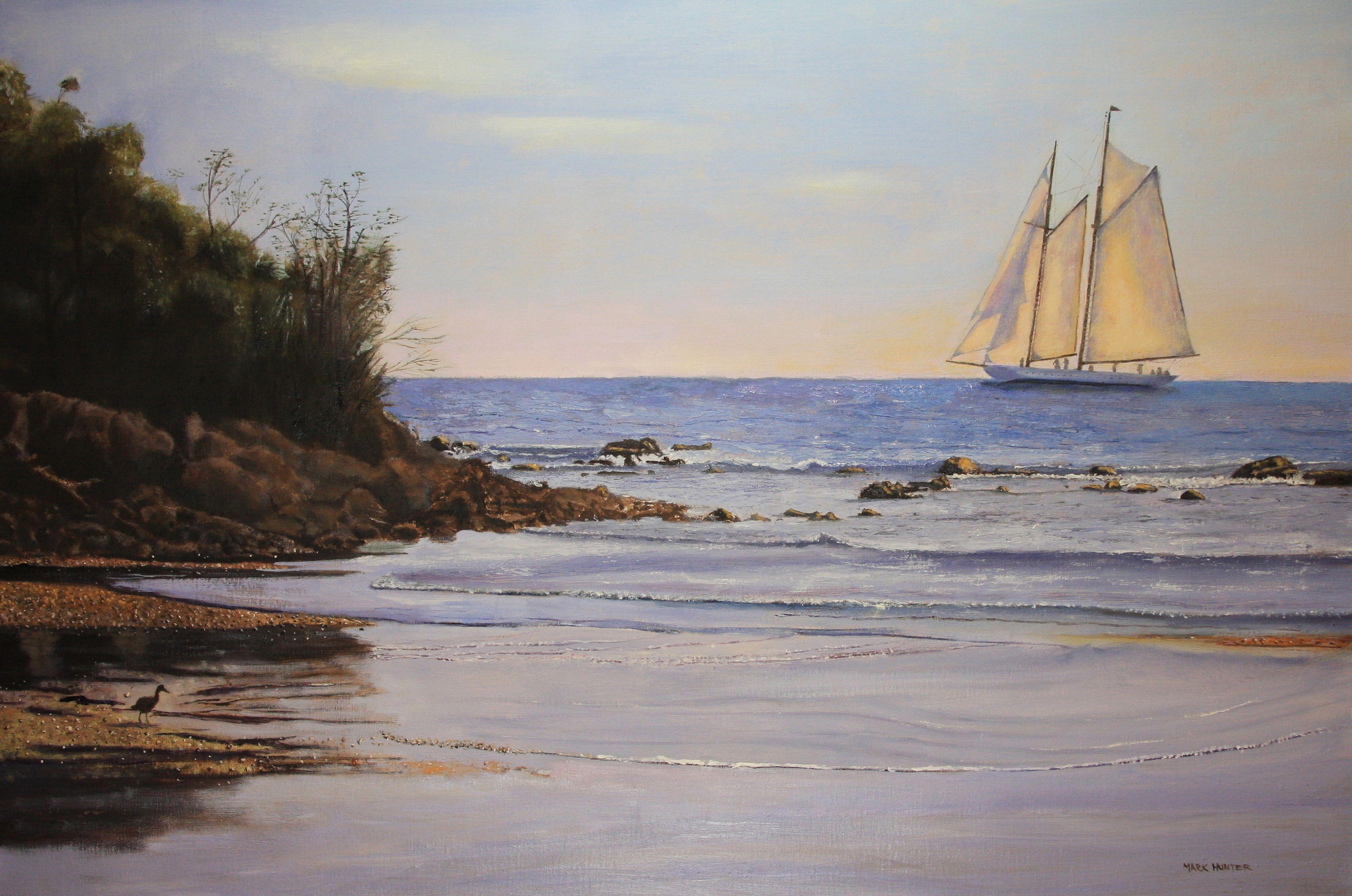 Schooner off Antigua during the Antigua Classic Regatta. :: Painting :: Realism :: This piece comes with an official certificate of authenticity signed by the artist :: Ready to Hang: No :: Signed: Yes :: Signature Location: Lower Right :: Canvas ::