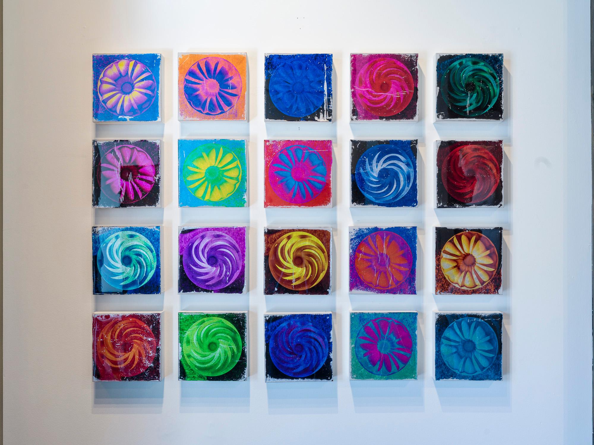 Colorful, glossy, and small original art by Mark Jackson. Each original work from the Color Wheel series is a hyper-color photograph of bundt cake sculptures Jackson sculpted out of clay and plaster. From Mark Jackson's CAKE exhibition.

Mark
