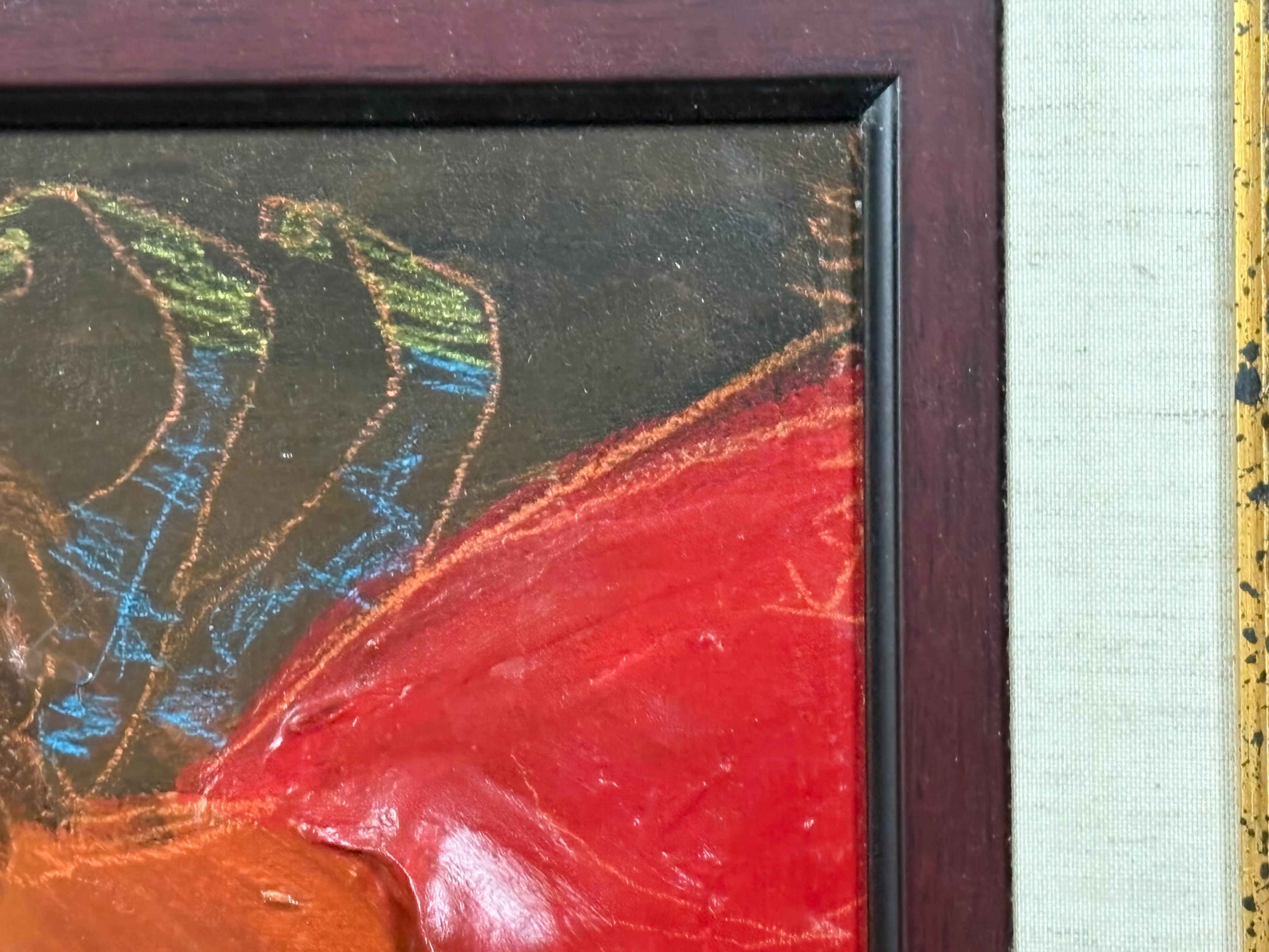 Mark Kanovich original terracotta painting on wood “carnival dreams”. In good condition measures 23x23