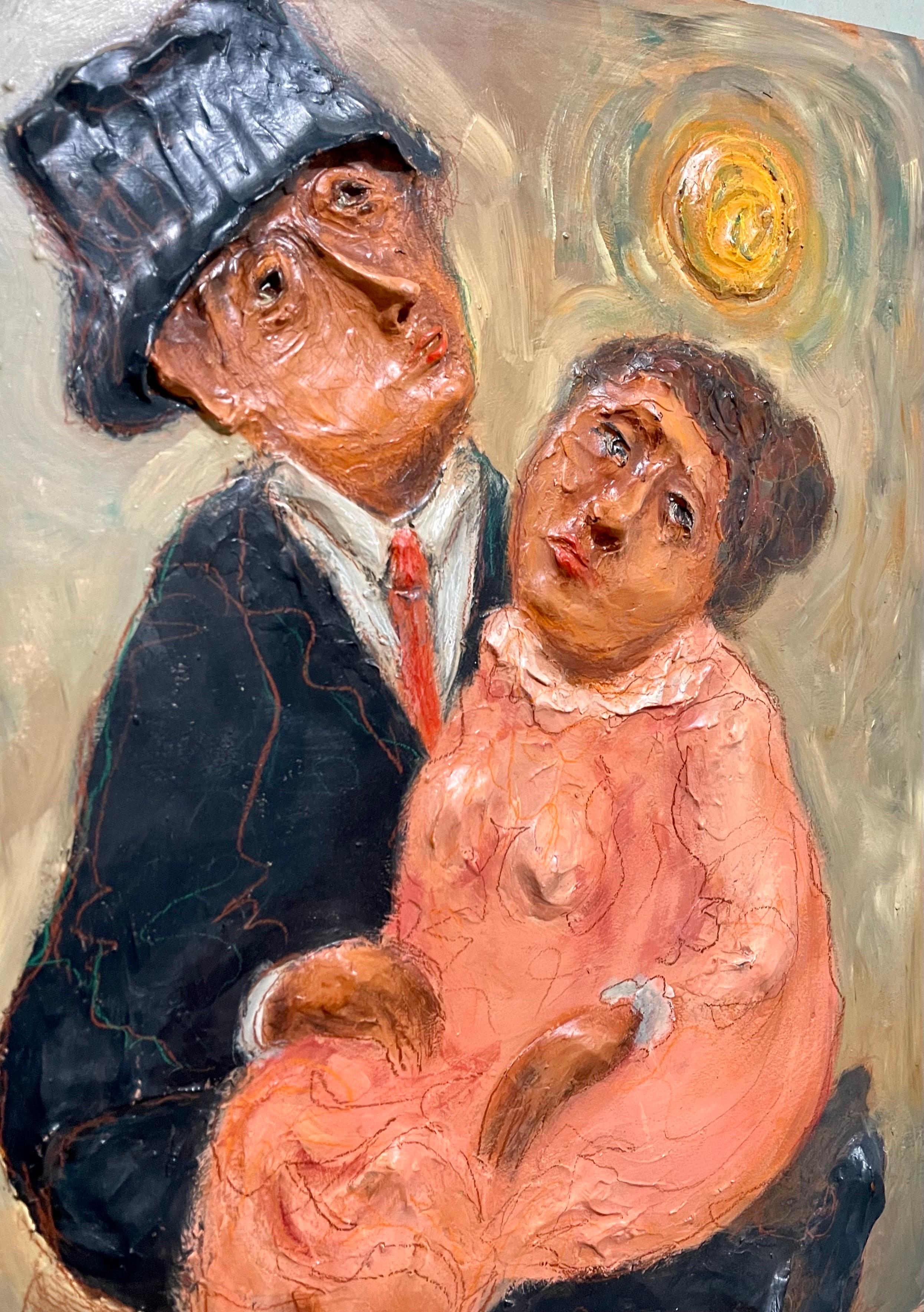 Judaica Painting w Sculpture Terra Cotta Jewish Couple Israeli Artist Kanovich For Sale 6