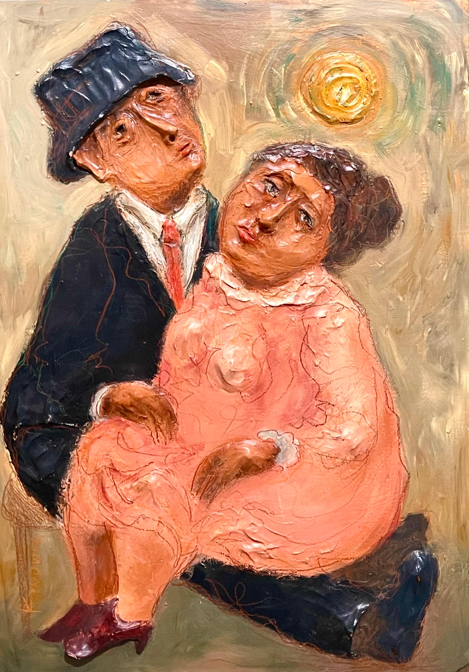 Judaica-Gemälde mit Skulptur Terrakotta, Jüdisches Paar, israelischer Künstler Kanovich (Braun), Figurative Sculpture, von Mark Kanovich