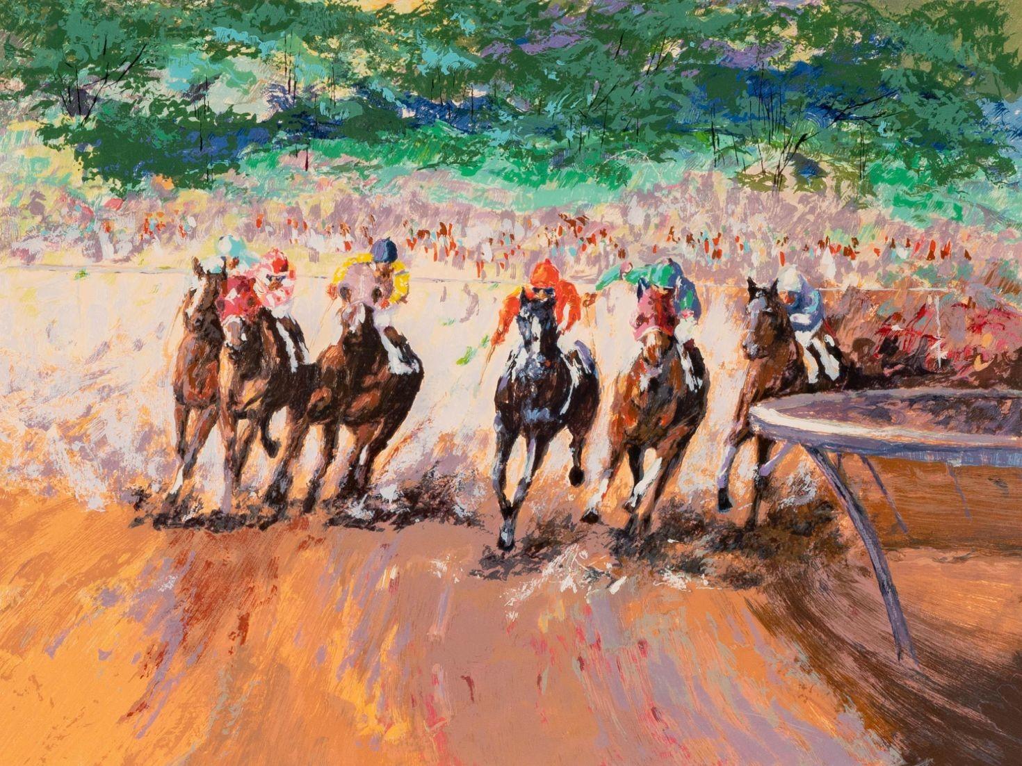 This dynamic serigraph by Mark King captures the thrilling energy of horse racing, with jockeys urging their mounts forward as they round into the stretch. Executed in King’s signature impressionistic style, the composition features bold strokes of