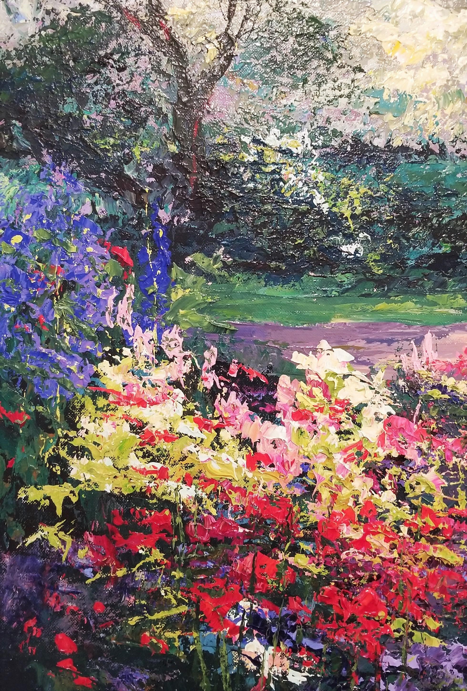 Painted Bench /// Impressionist Mark King Flower Garden Colorful Art Painting 10