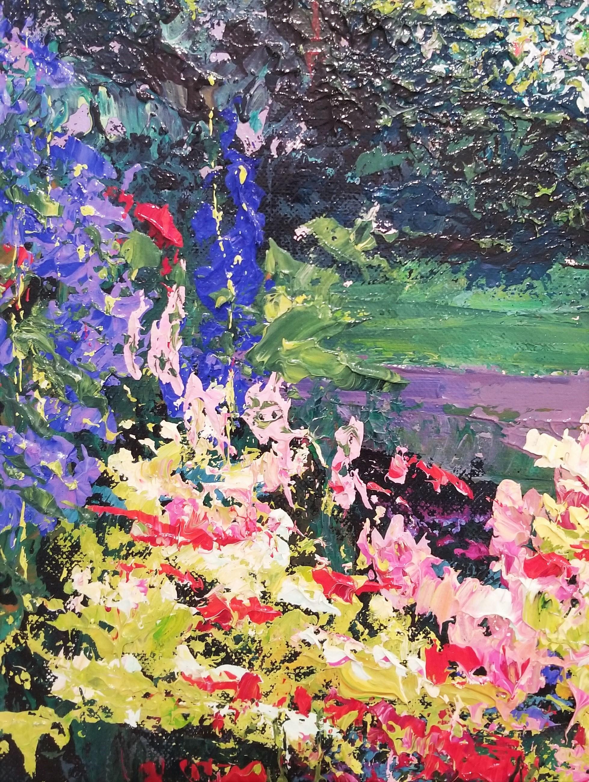 Painted Bench /// Impressionist Mark King Flower Garden Colorful Art Painting 11