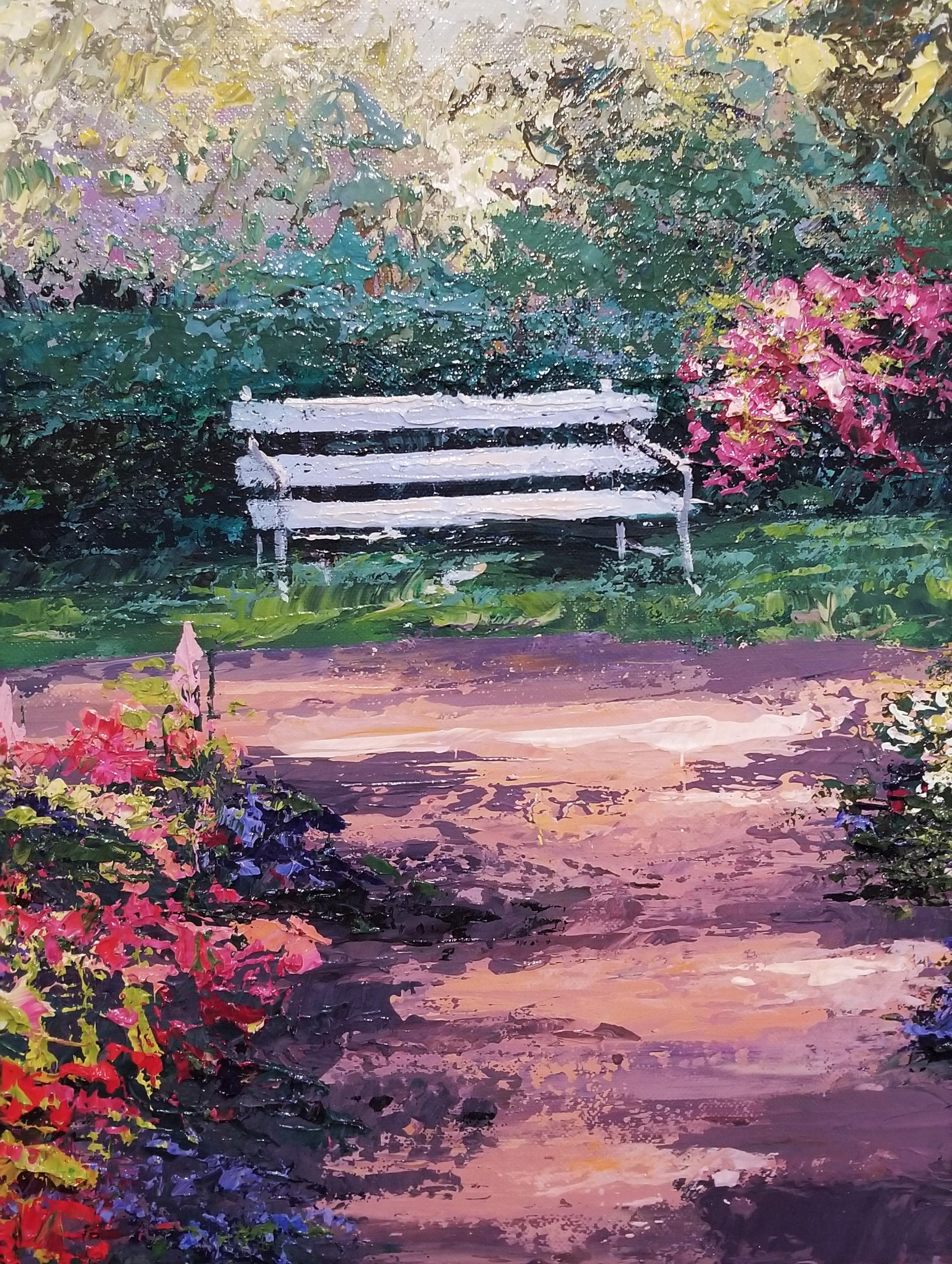 Painted Bench /// Impressionist Mark King Flower Garden Colorful Art Painting 12