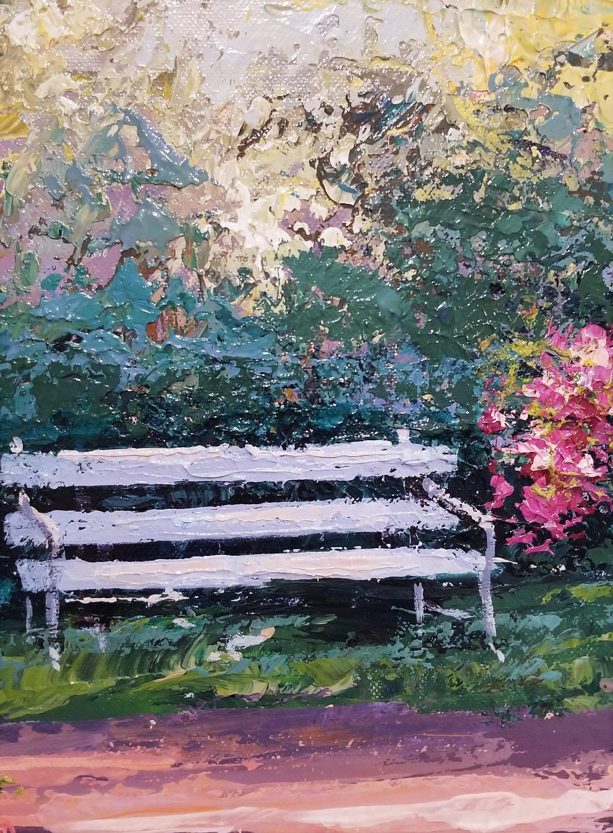 Painted Bench /// Impressionist Mark King Flower Garden Colorful Art Painting 13