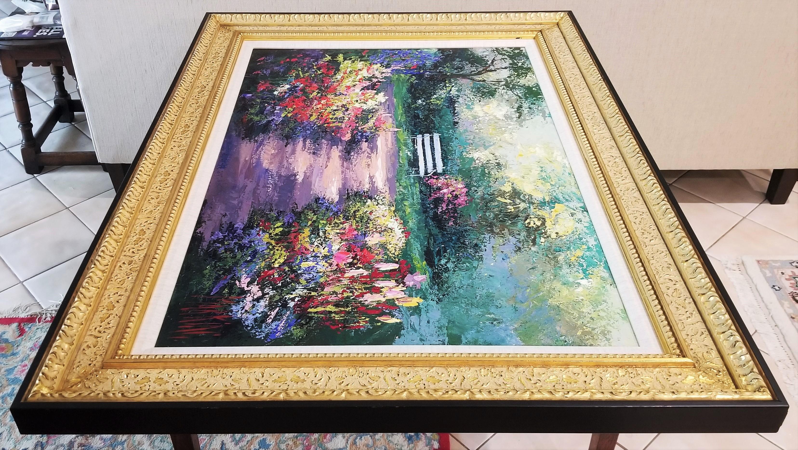Painted Bench /// Impressionist Mark King Flower Garden Colorful Art Painting 15