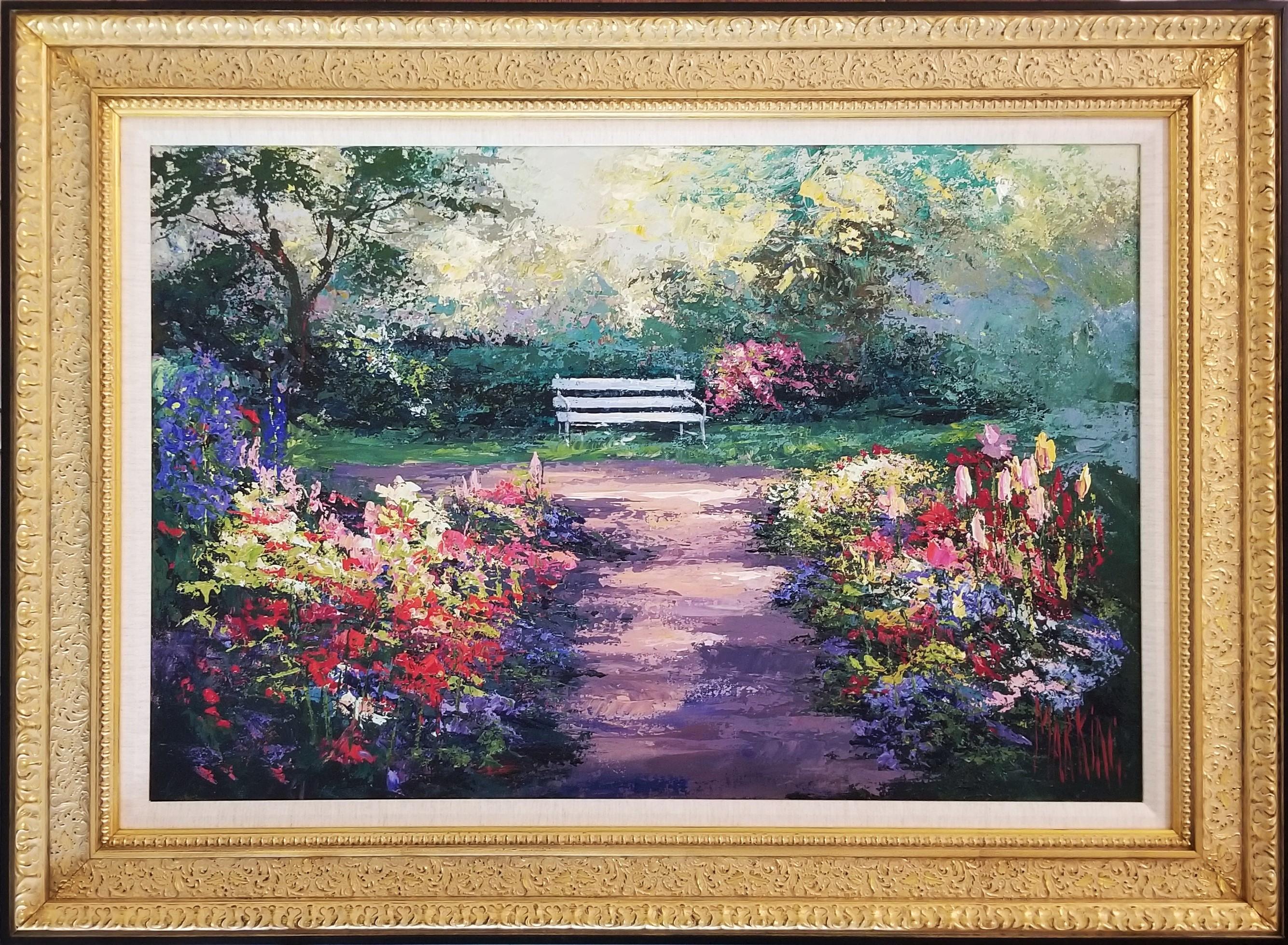 Painted Bench /// Impressionist Mark King Flower Garden Colorful Art Painting 1