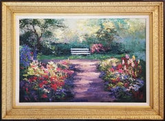 Painted Bench /// Impressionist Mark King Flower Garden Colorful Art Painting