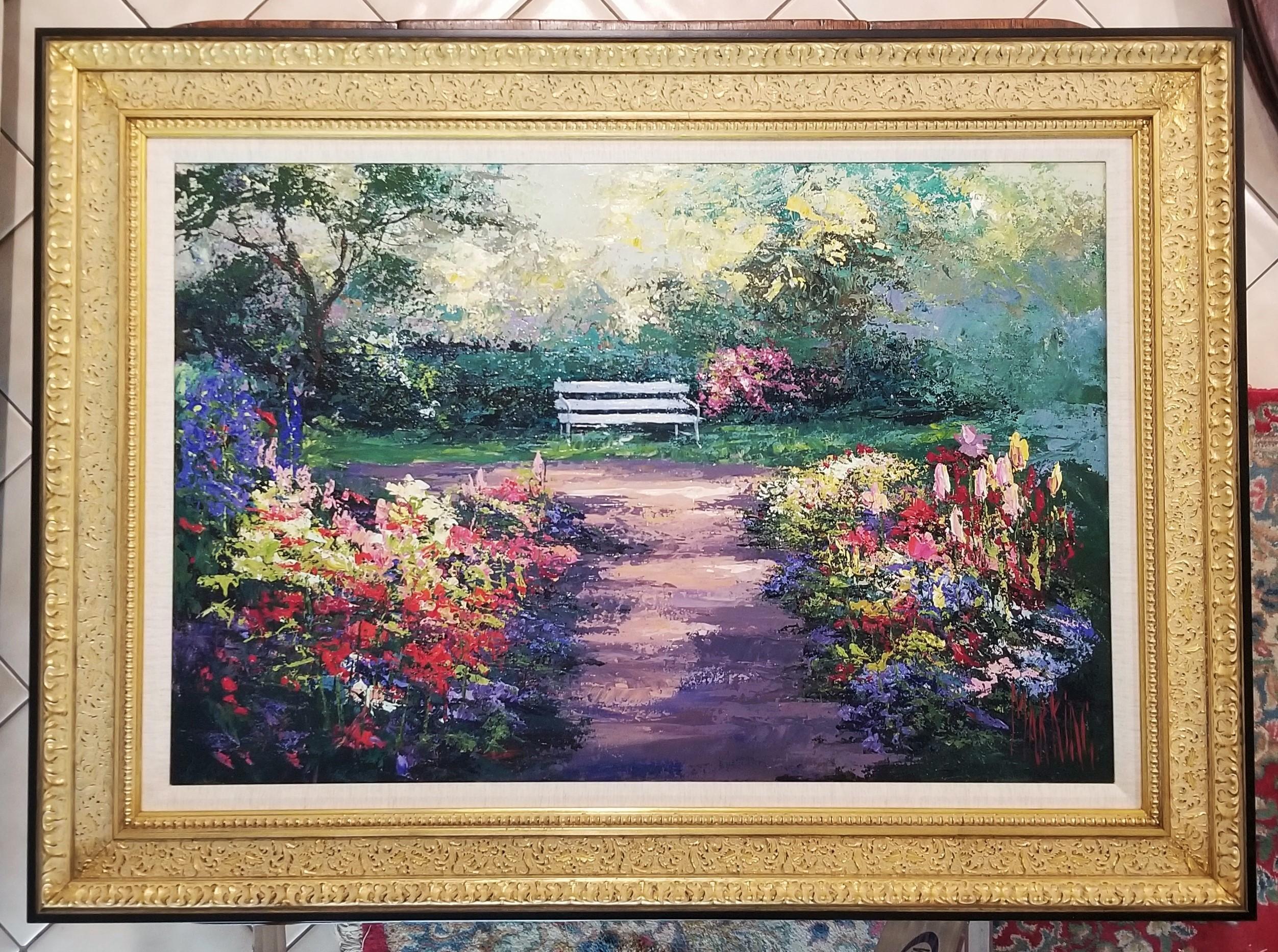 Panchina dipinta /// Pittura impressionista di Mark King Giardino fiorito colorato 2