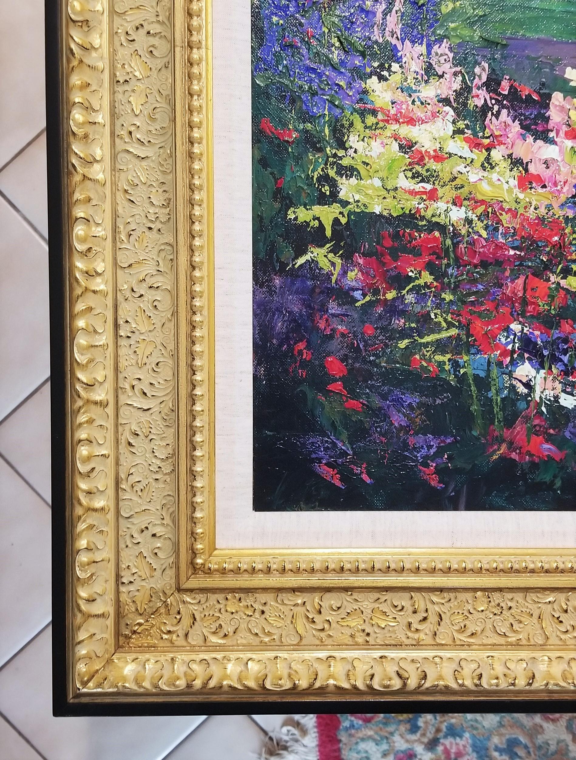Panchina dipinta /// Pittura impressionista di Mark King Giardino fiorito colorato 3