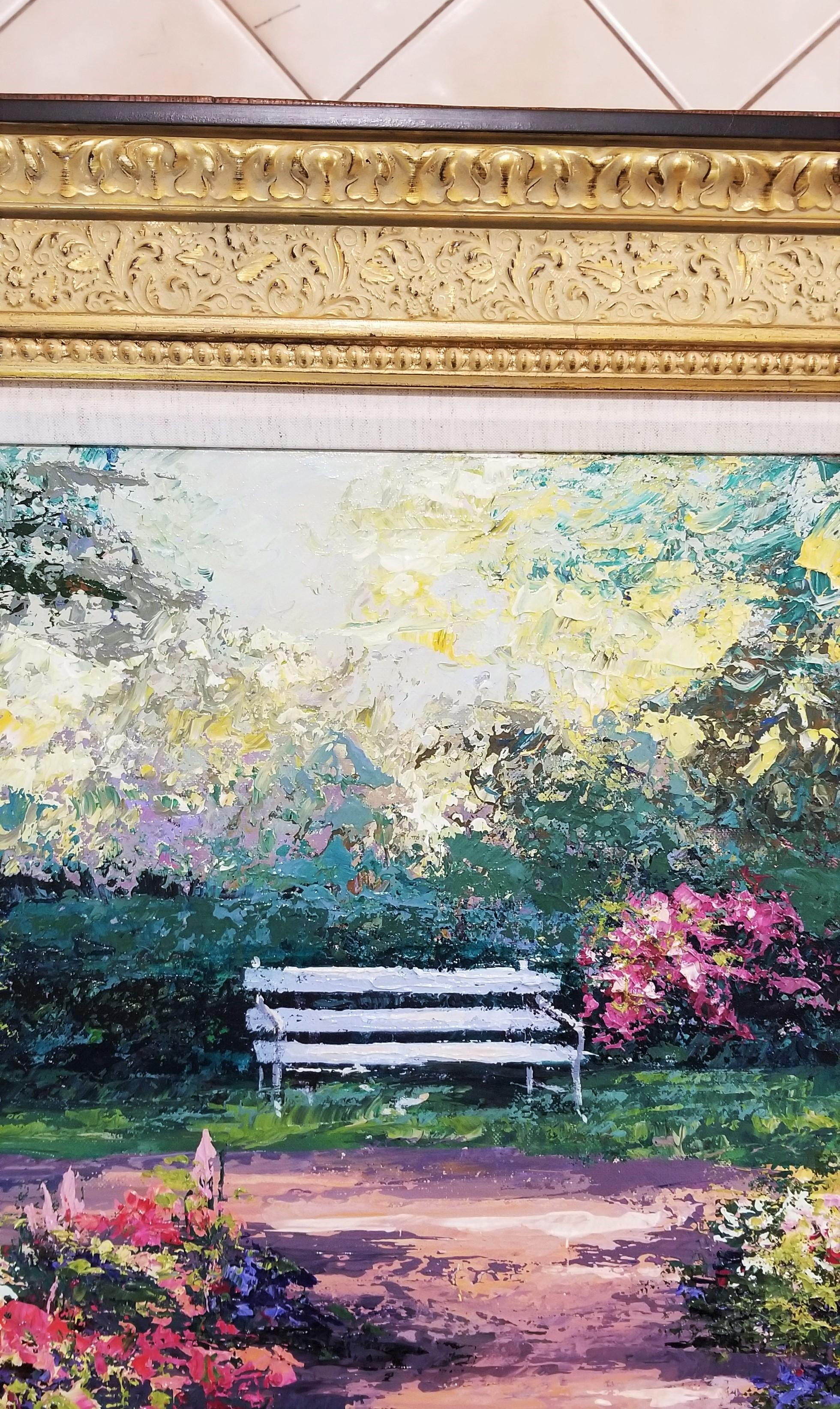 Painted Bench /// Impressionist Mark King Flower Garden Colorful Art Painting 8