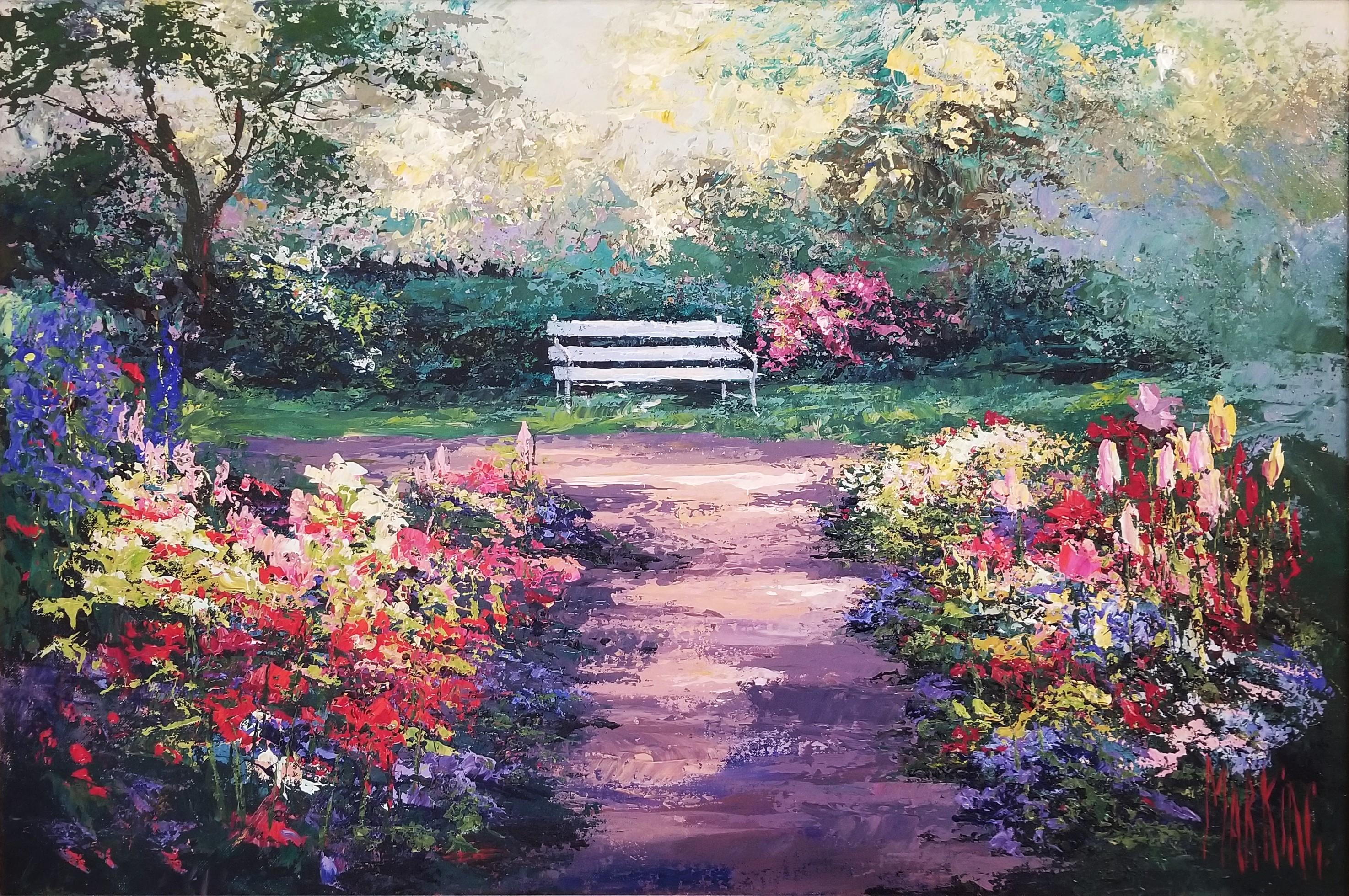 Artist: Mark King (English, 1931-2014)
Title: "Painted Bench"
*Signed by King lower right. It is also signed in black marker upper left on verso
Circa: 2010
Medium: Original Acrylic Painting on Canvas
Framing: Framed in a gold and black