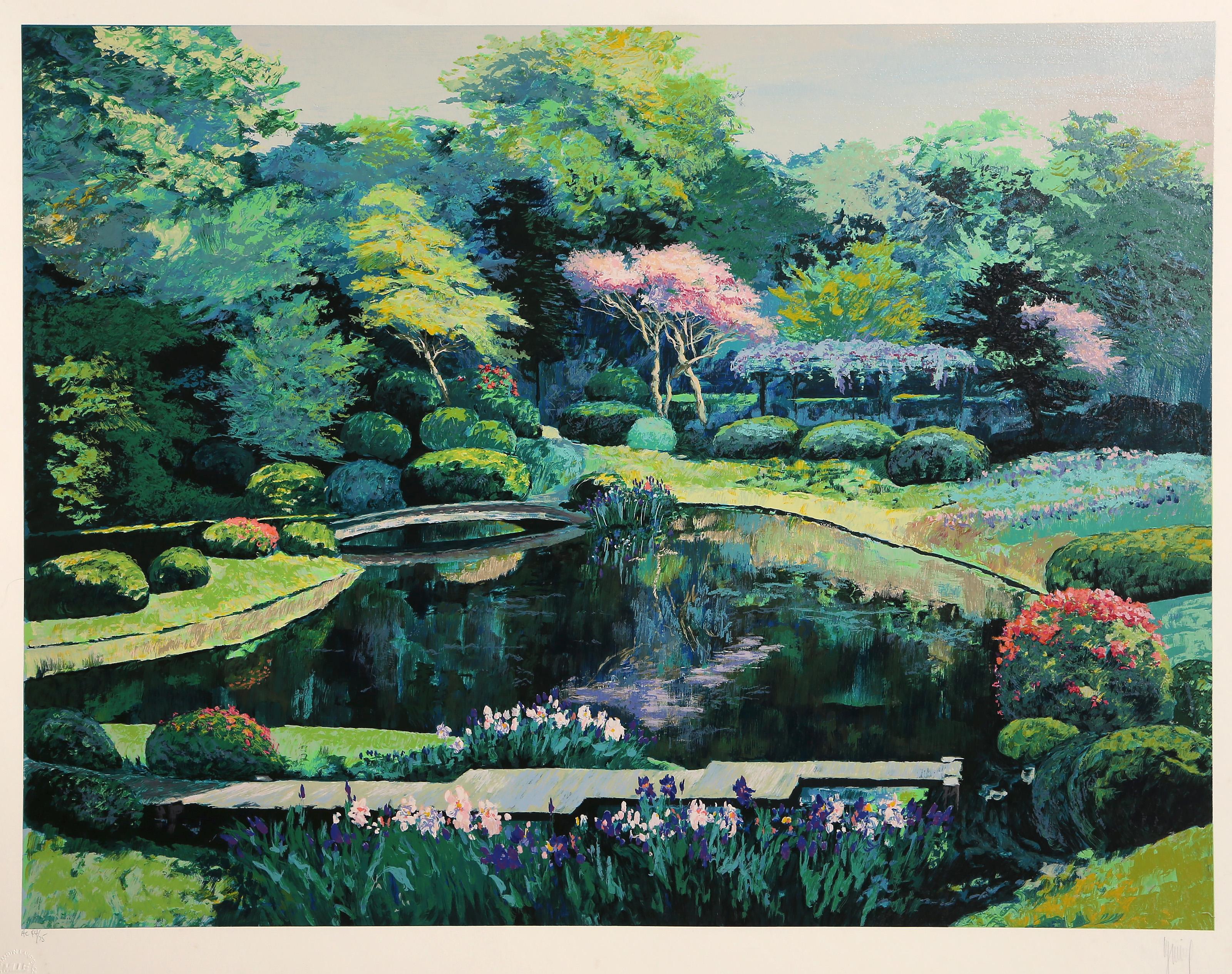 Mark King (1931 - 2014) - Koi-Teich, Jahr:  1991, Medium:  Siebdruck, signiert und nummeriert mit Bleistift, Auflage:  HC 44/75, Bildgröße:  27 x 36 Zoll, Größe:  34 x 41.75 in. (86.36 x 106.05 cm), Verlag:  Martin Lawrence Limited Editions, Inc.