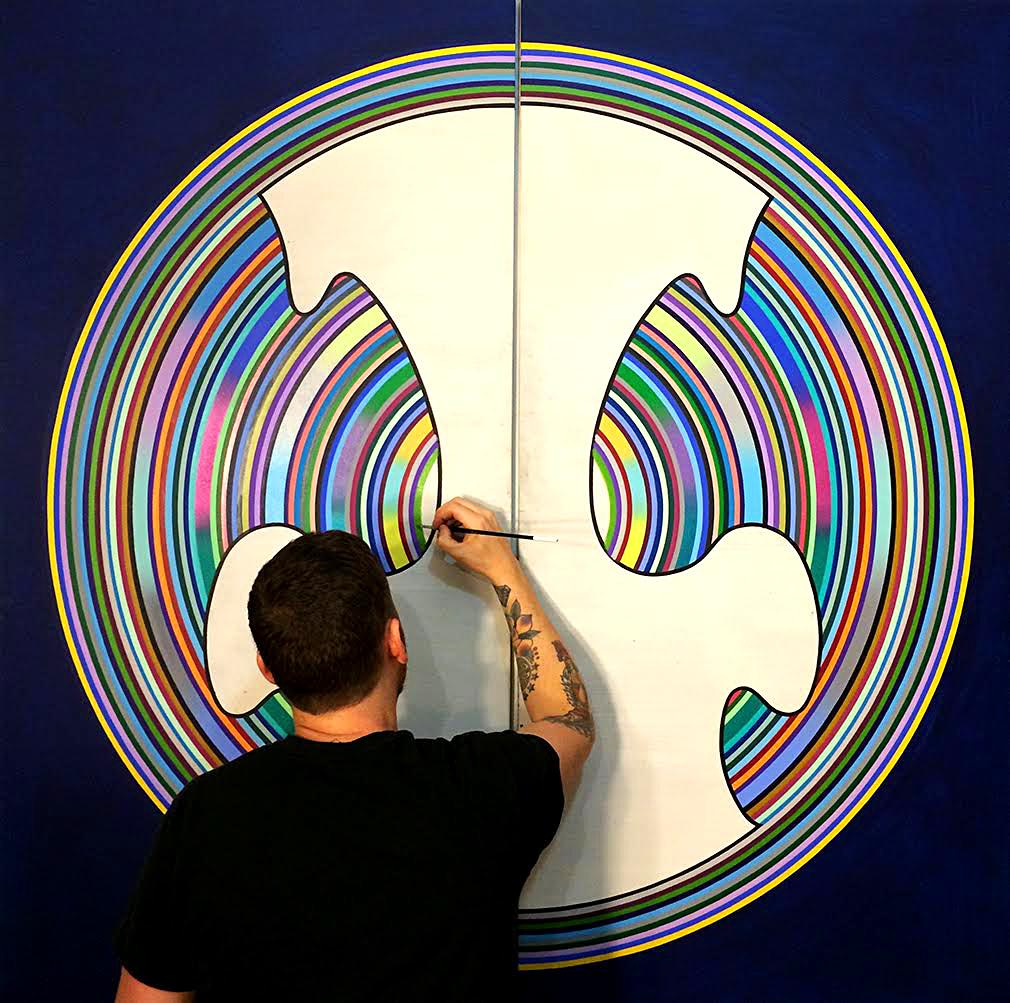 This abstract oil and acrylic painting uses symmetrical geometric shapes and a vivid color palette to create a series of graphic medallion icon patterns.

Artist Mark Knoerzer was born 1978 in Cornwall, NY and currently lives and works in Brooklyn,