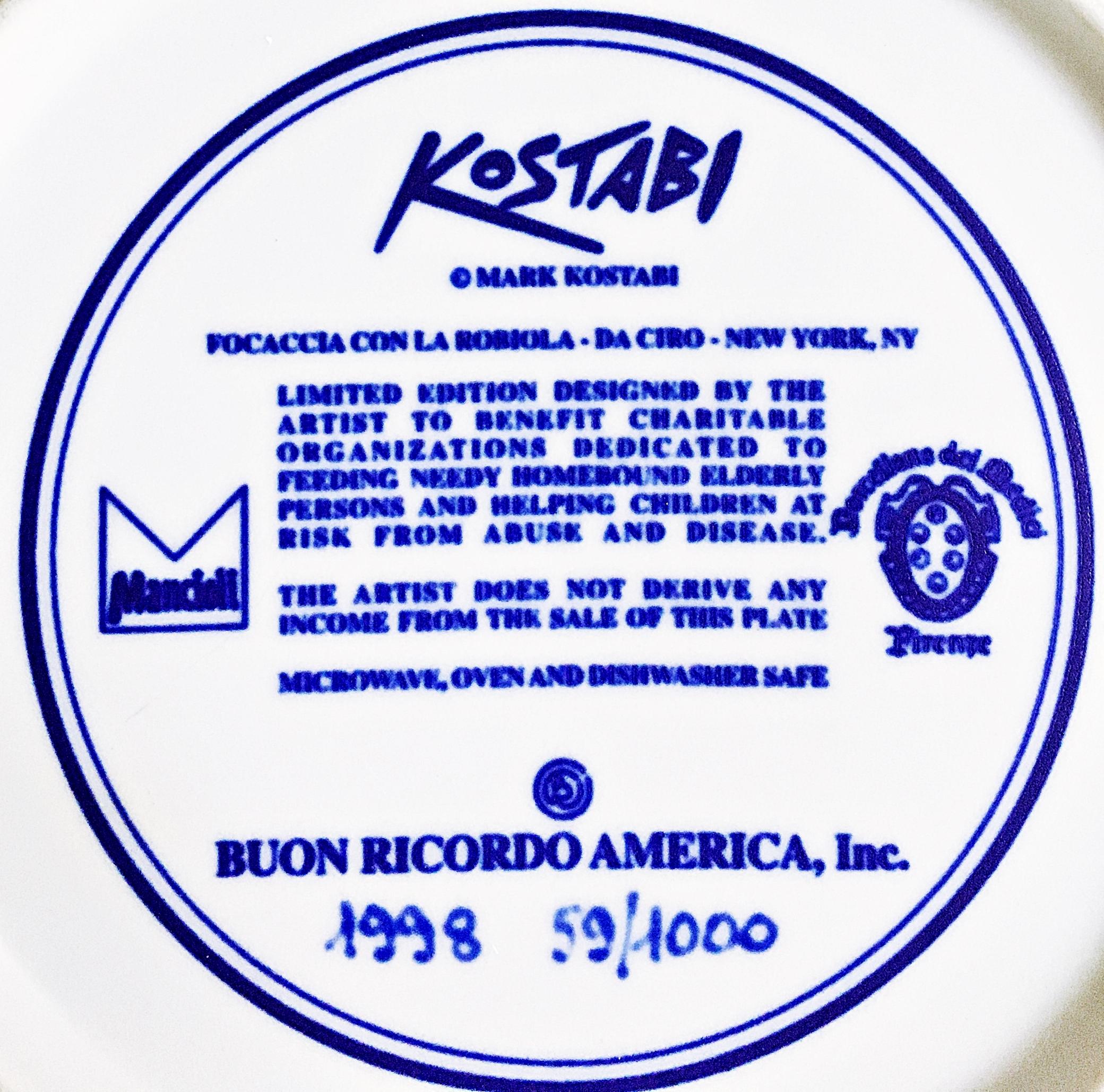 Mark Kostabi
Focaccia Alla Robiola - Da Ciro - New York, NY, 1998
Ceramic Plate. 
Artist signature fired into the plate on the front and back and numbered 59 of 1000. 
10 1/5 inch diameter x 1/4 inch height
Unframed
Makes a memorable and very