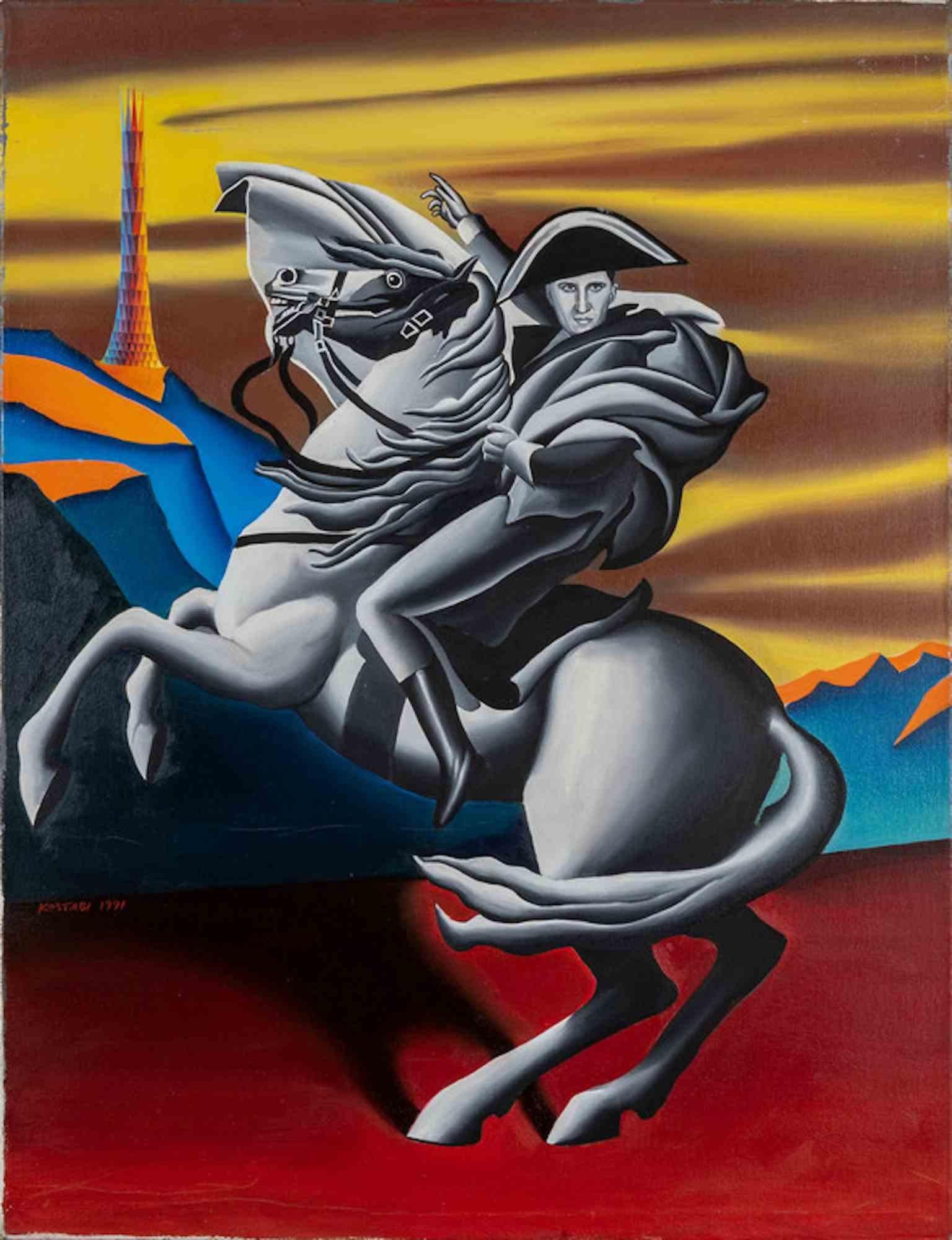 Excelsior is an oil painting on canvas realized by Mark Kostabi in 1991.
Hand-signed and dated on the lower left
Also signed, dated and titled on the rear.
With the label "Galleria di Caterina Gualco Genova" on the rear.
Certificate by the artist on