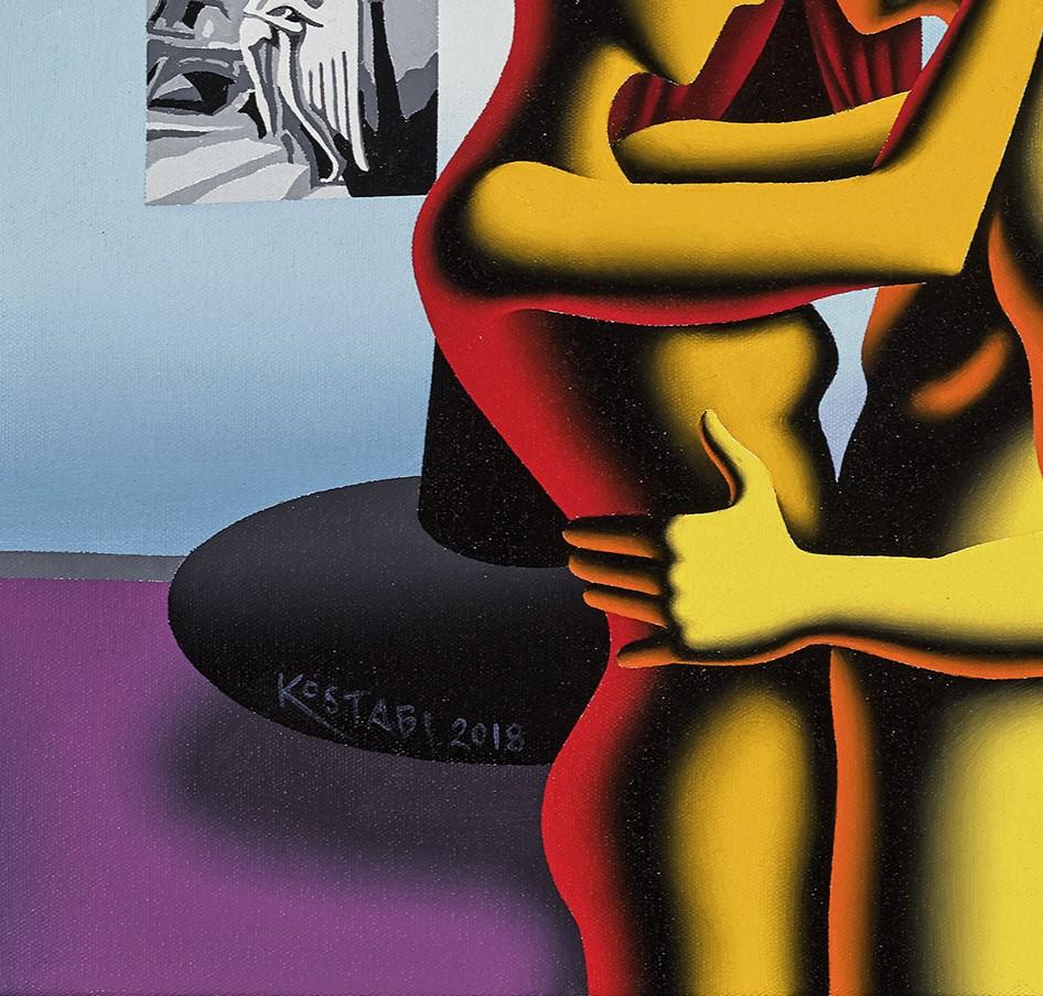 Interior Passion is an oil on canvas painting, 20 x 19.75 inches, signed and dated 'KOSTABI 2018' in the image, lower left. Framed in a contemporary black frame.
