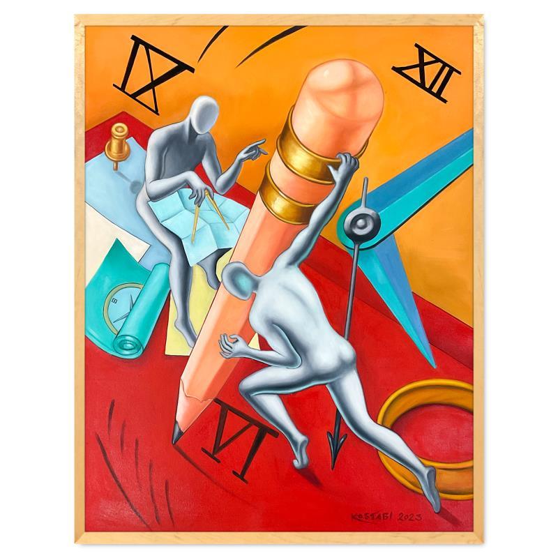 Abstract Painting de Mark Kostabi - "Planeando la revolución" Pintura original enmarcada sobre lienzo