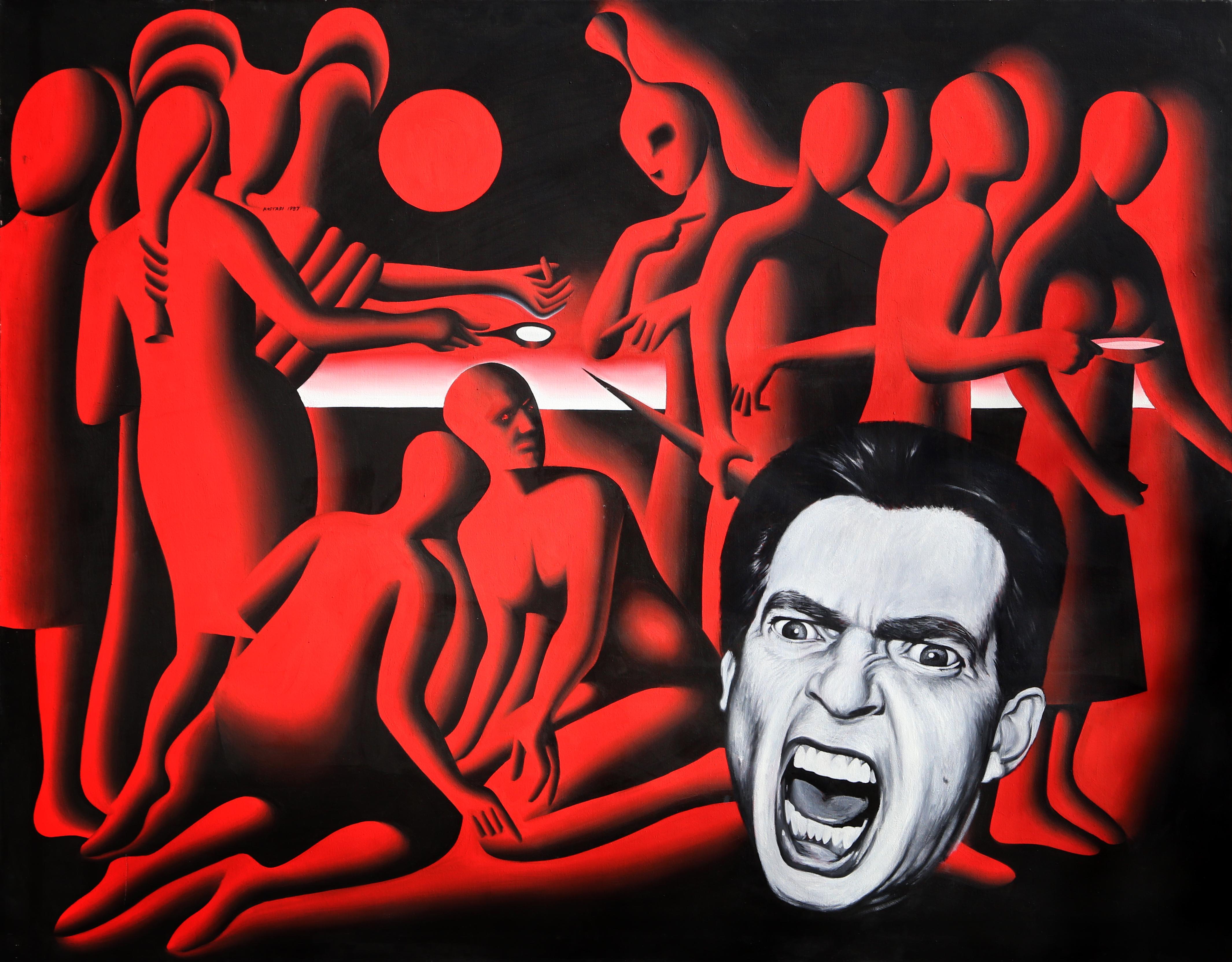 Mark Kostabi ist ein amerikanischer Pop-Art-Künstler, dessen Werk sich oft um gesichtslose Figuren dreht. "Rite of Passage" zeigt das Konterfei des beliebten Talkshow-Moderators Morton Downey, Jr. Dieses Ölgemälde ist verso signiert und