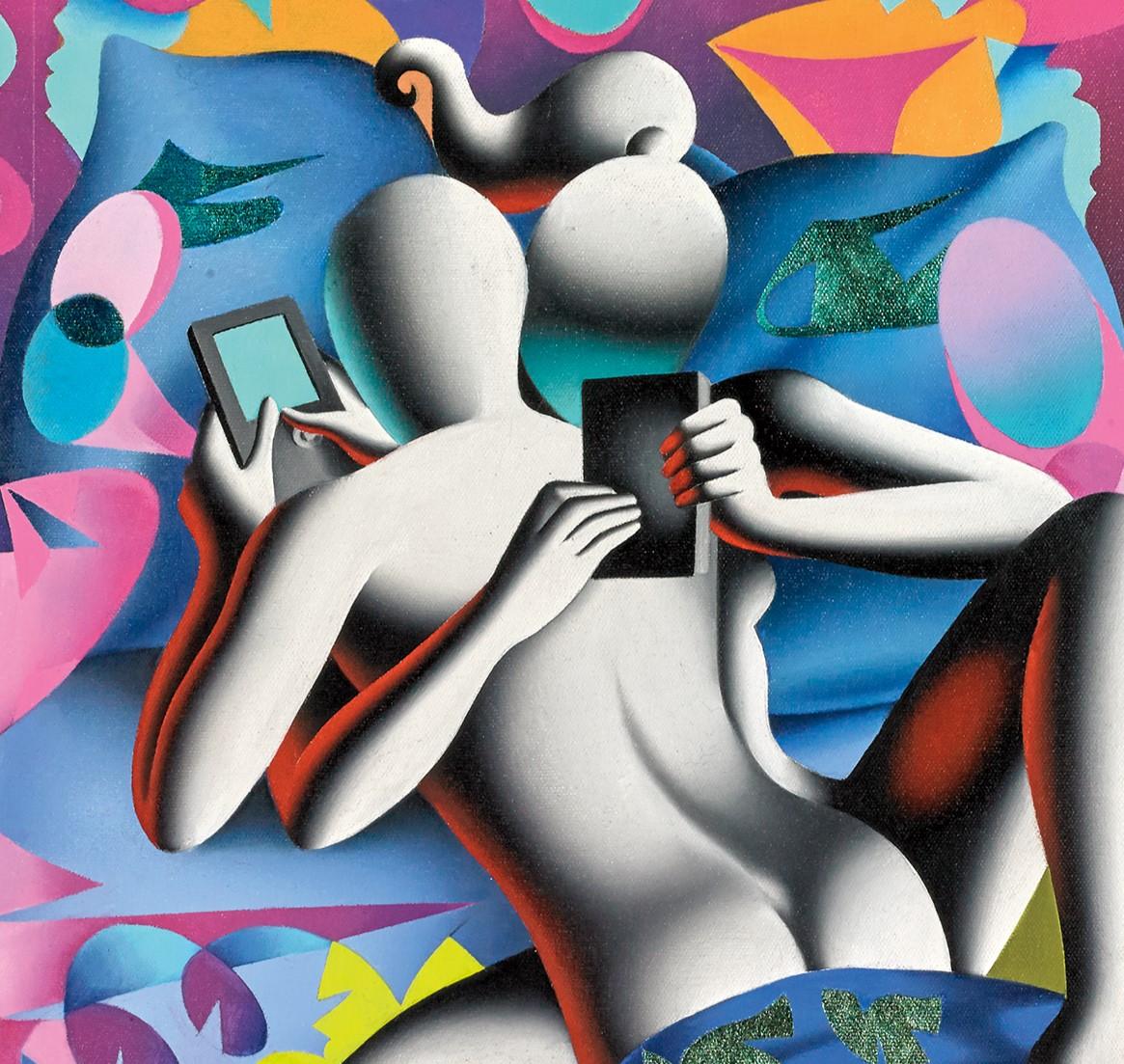 Sexting (Beyond the Emoji) est une peinture à l'huile sur toile, 24 x 17,75 pouces, signée et datée 