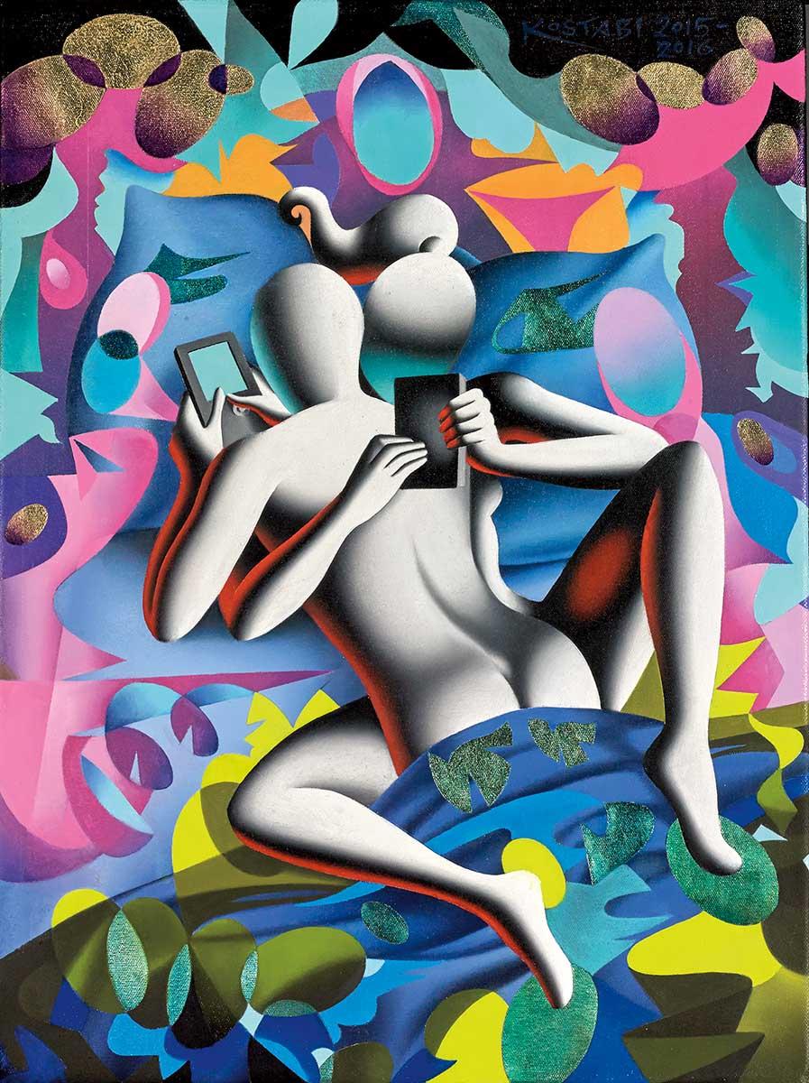 Mark Kostabi Figurative Painting - Sexting (Beyond the Emoji)