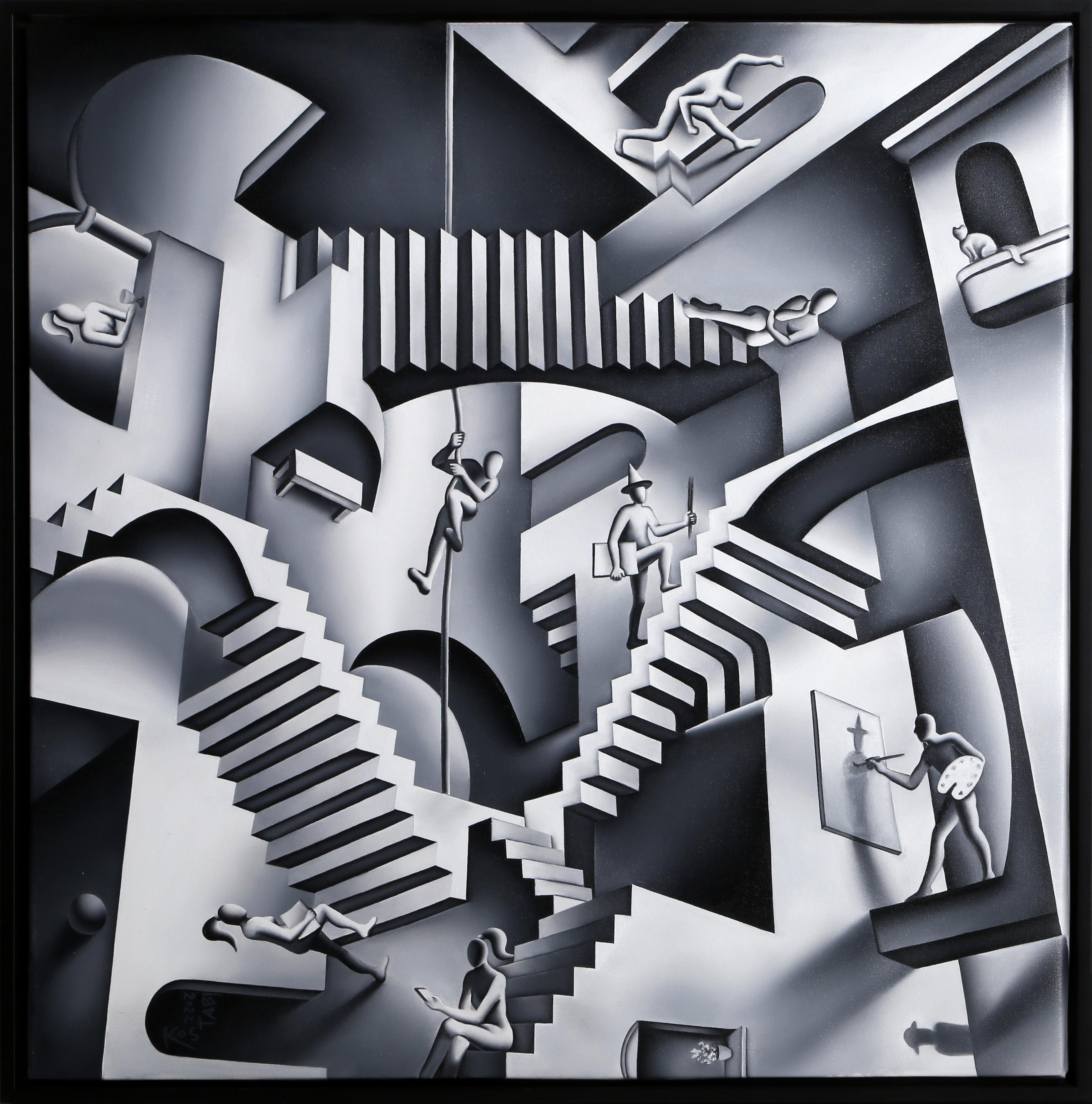 "Stairways to the Stable Mind" est un hommage de l'artiste pop Mark Kostabi à la "Relativité" du grand MC Escher. Signé et daté en bas à gauche et au verso.
