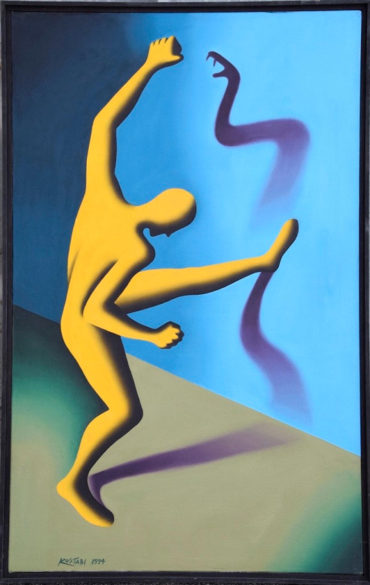 Mark Kostabi Figurative Painting - The Enemy Within - Original Oil on Canvas by M. Kostabi - 1994