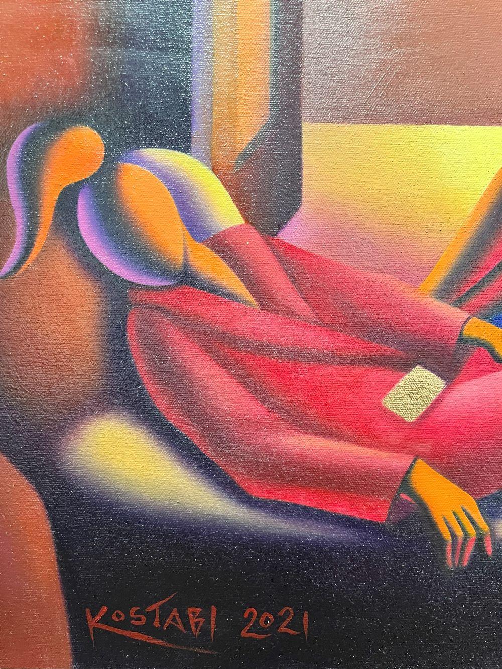 Twilight Serenity is an oil on canvas painting, 31.5 x 23.75 inches, signed and dated 'KOSTABI 2021' lower left. Framed in a contemporary black frame.
