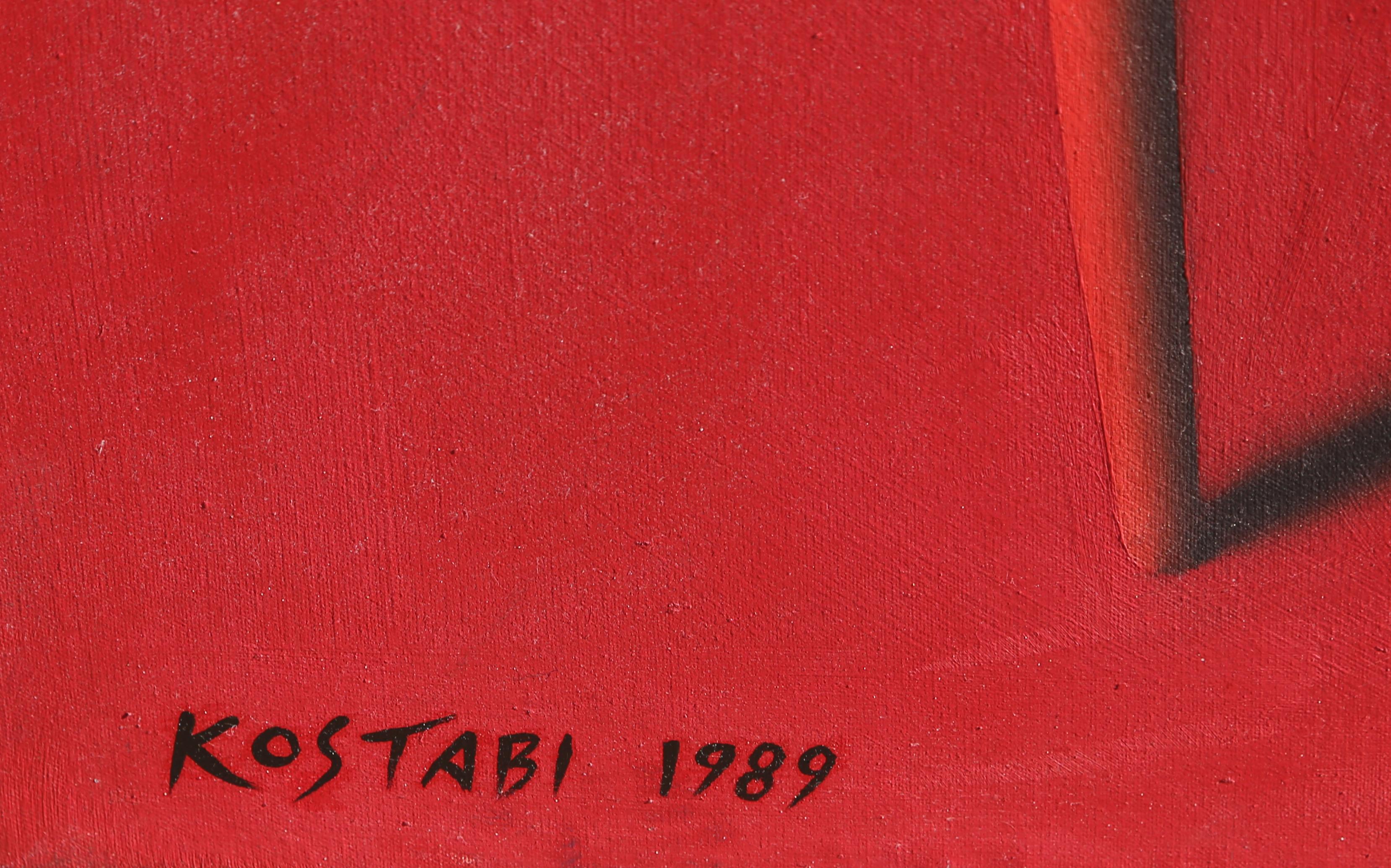 Questo dipinto rosso brillante dell'artista surrealista Mark Kostabi è caratterizzato dalle sue figure senza volto. Una figura, in bianco, si appoggia a una serie di scale illuminate, mentre due figure rosse su trampoli guardano la figura bianca.