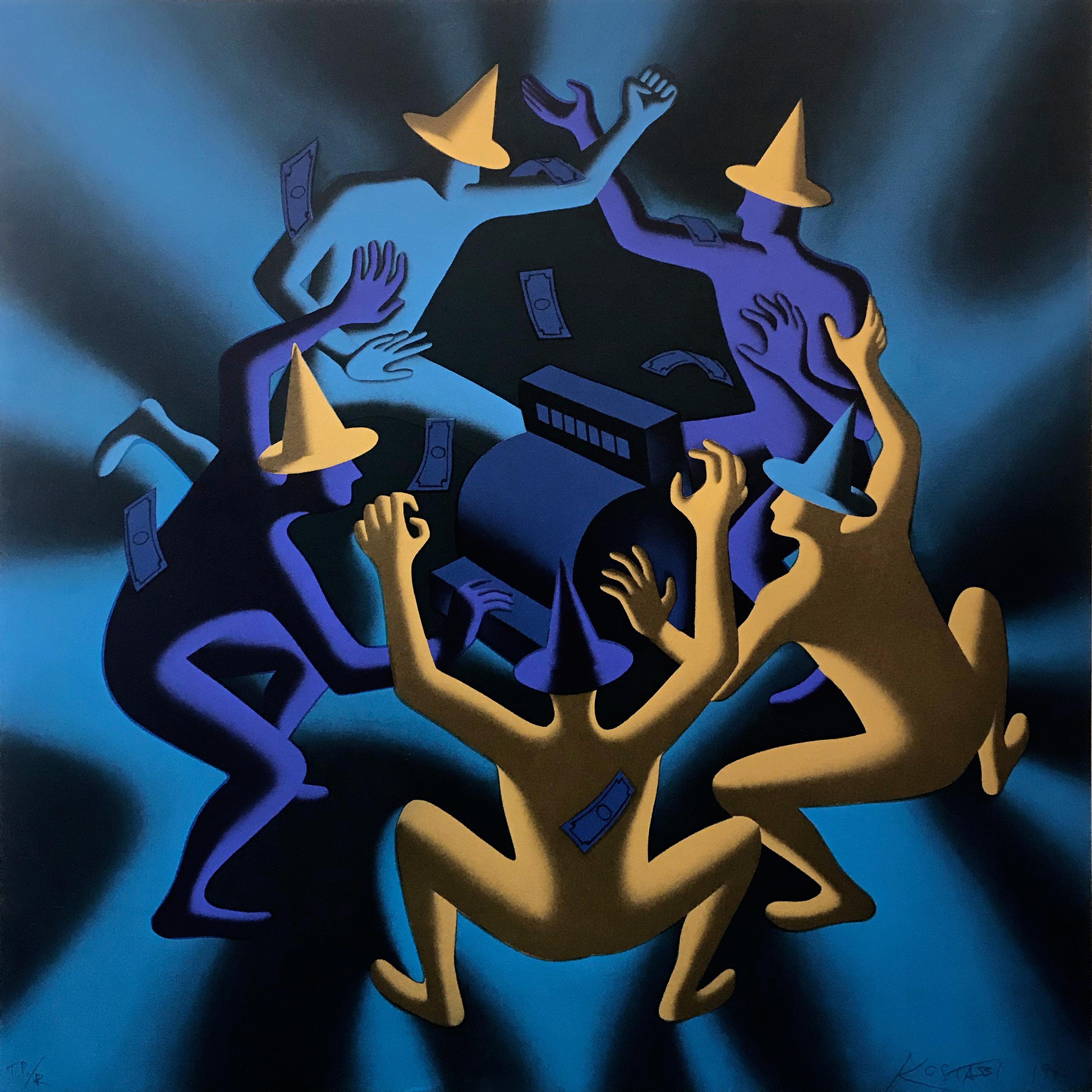 Mark Kostabi Portrait Print - CASH DANCE (BLUE)
