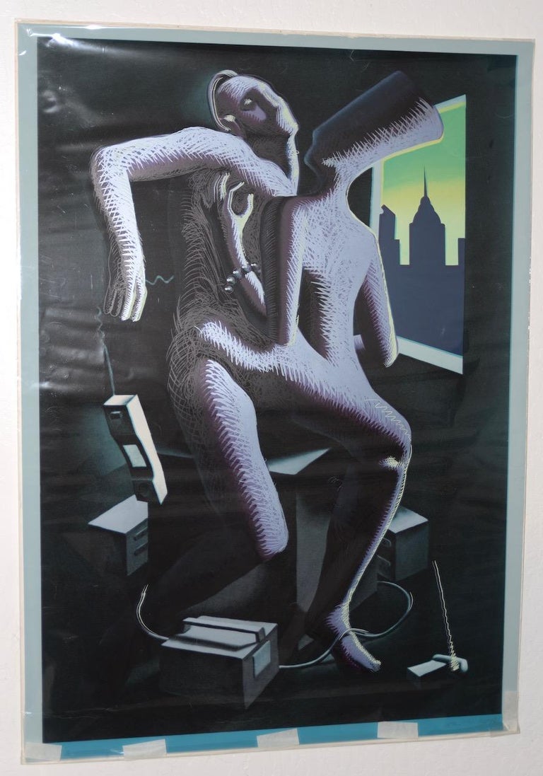 Mark Kostabi (American, b. 1960) "Close Call" Original Serigraph c.1986

Fine serigraph in three colors by listed artist.

The images here show the serigraph in a protective sheet.

The serigraph is in three colors, lavender, fuchsia and