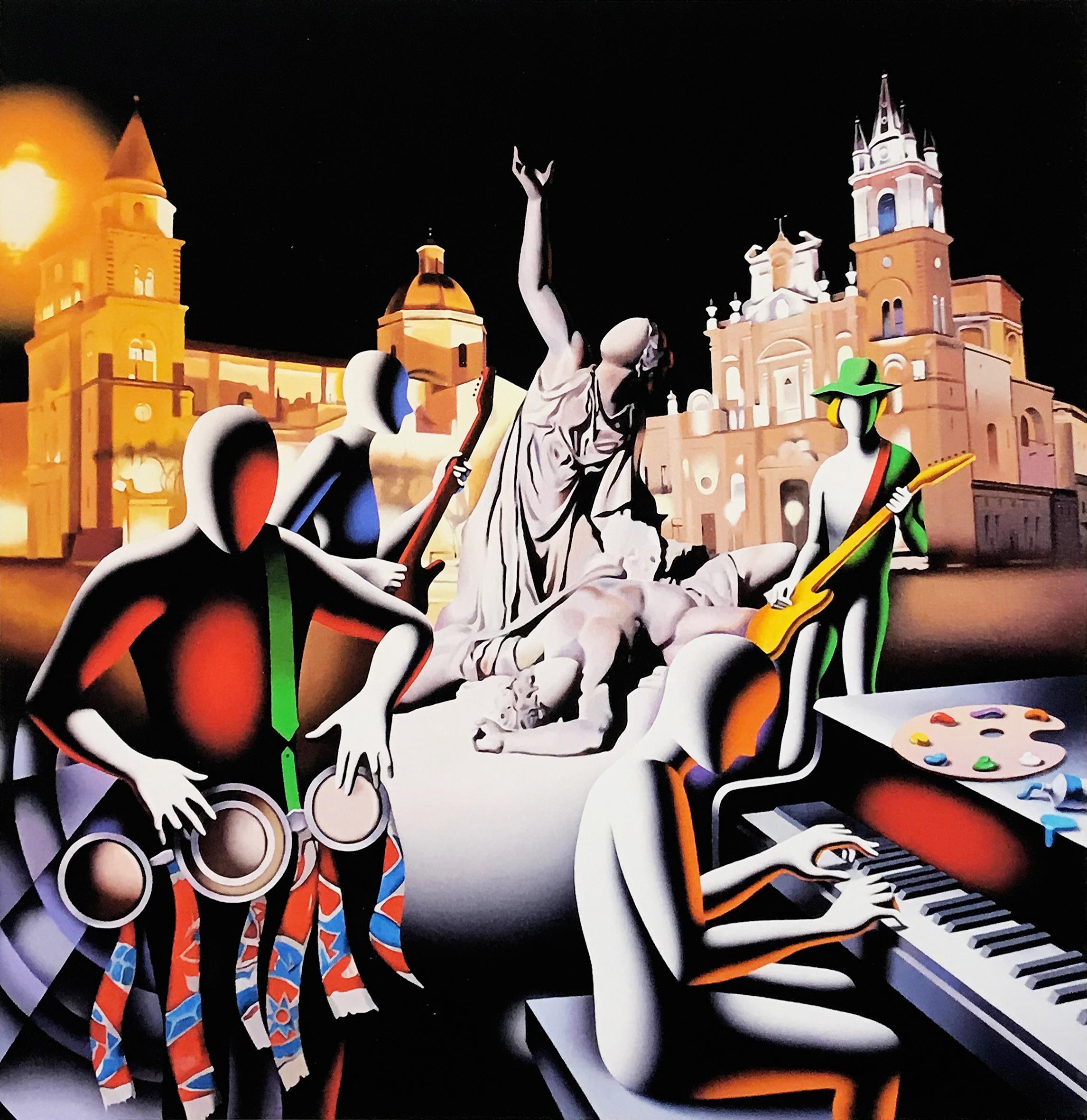 Mark Kostabi Figurative Print - THE FIRST SET WAS IN STONE