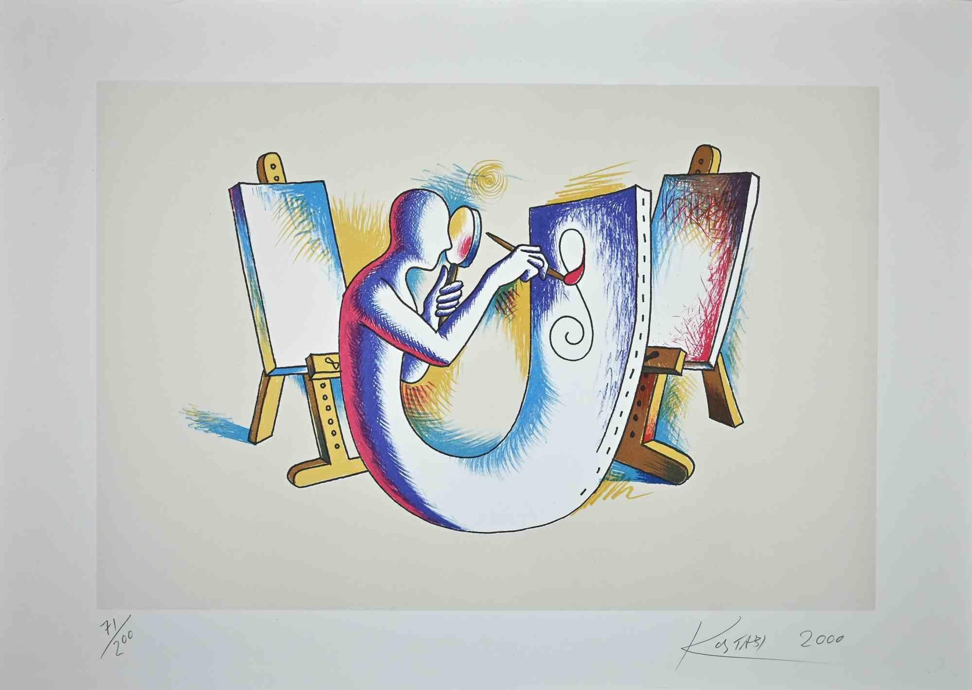 Mark Kostabi Figurative Print - The Painter's Atelier - Lithograph by M. Kostabi - 2000