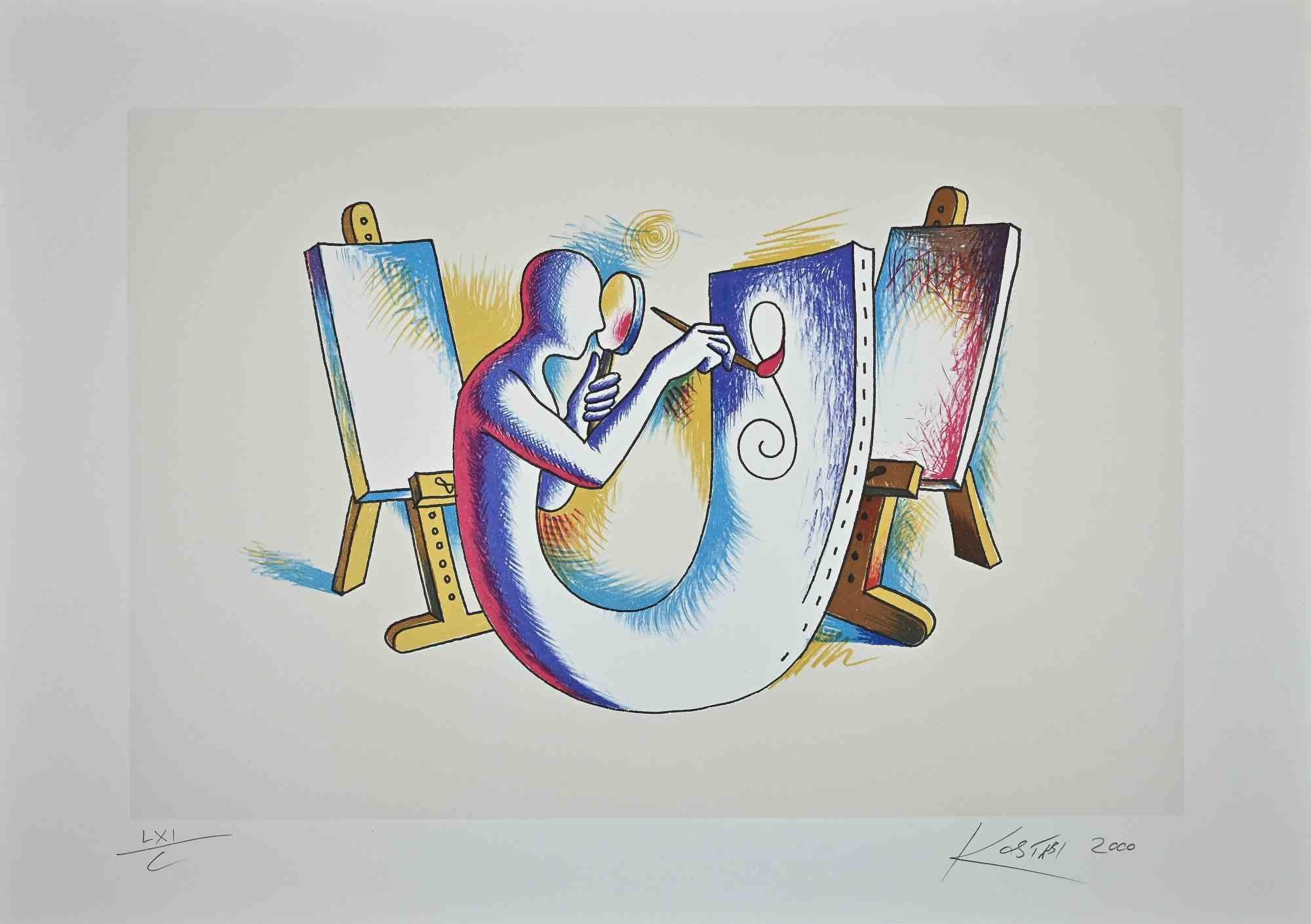 Mark Kostabi Figurative Print - The Painter's Atelier -  Lithograph by M. Kostabi - 2000