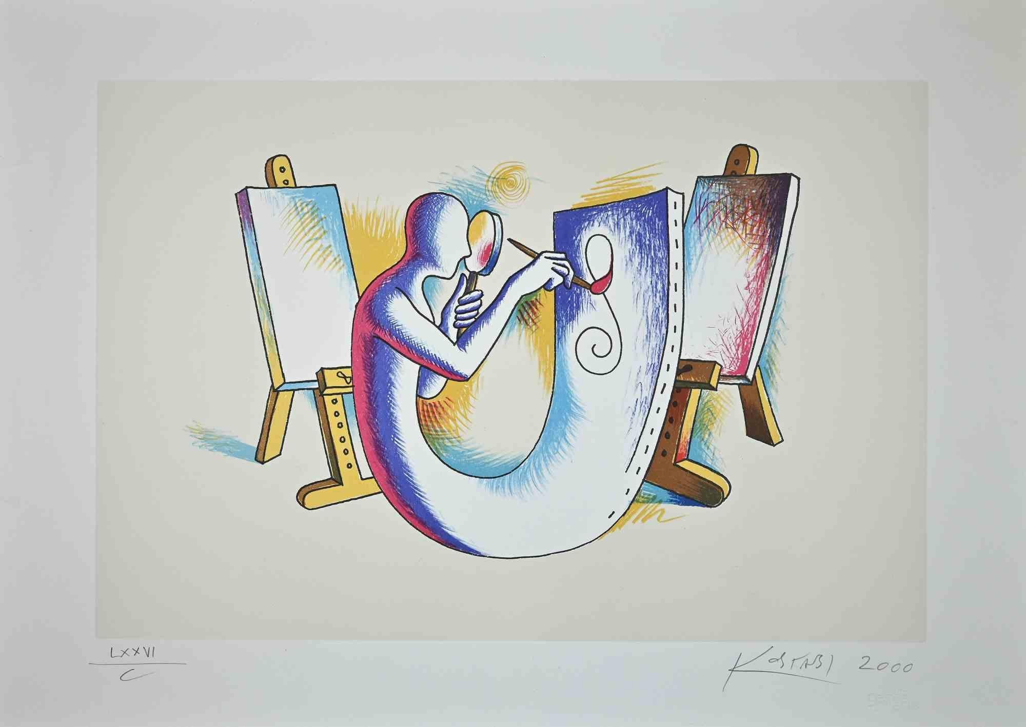 Mark Kostabi Figurative Print – Das Atelier des Malers – Lithographie von M. Kostabi – 2000